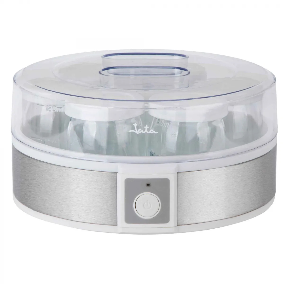 Una yogurtera con frascos de vidrio dentro y una tapa transparente. Exterior de acero inoxidable.