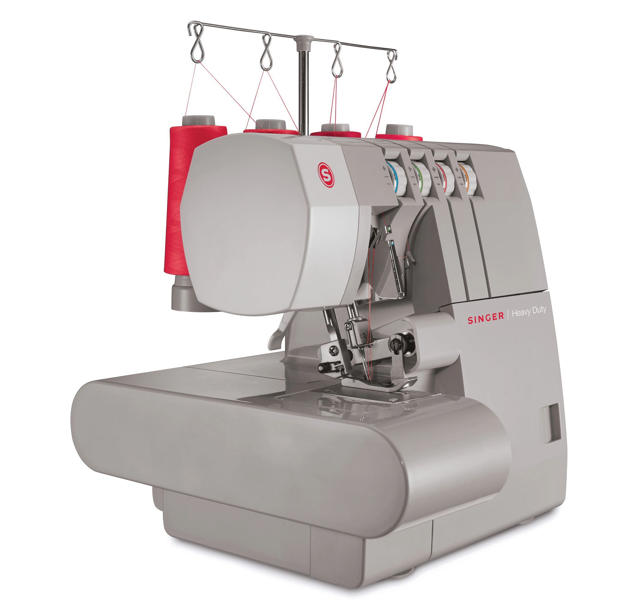 Eine graue Singer Heavy Duty Overlock-Nähmaschine auf weißem Hintergrund.