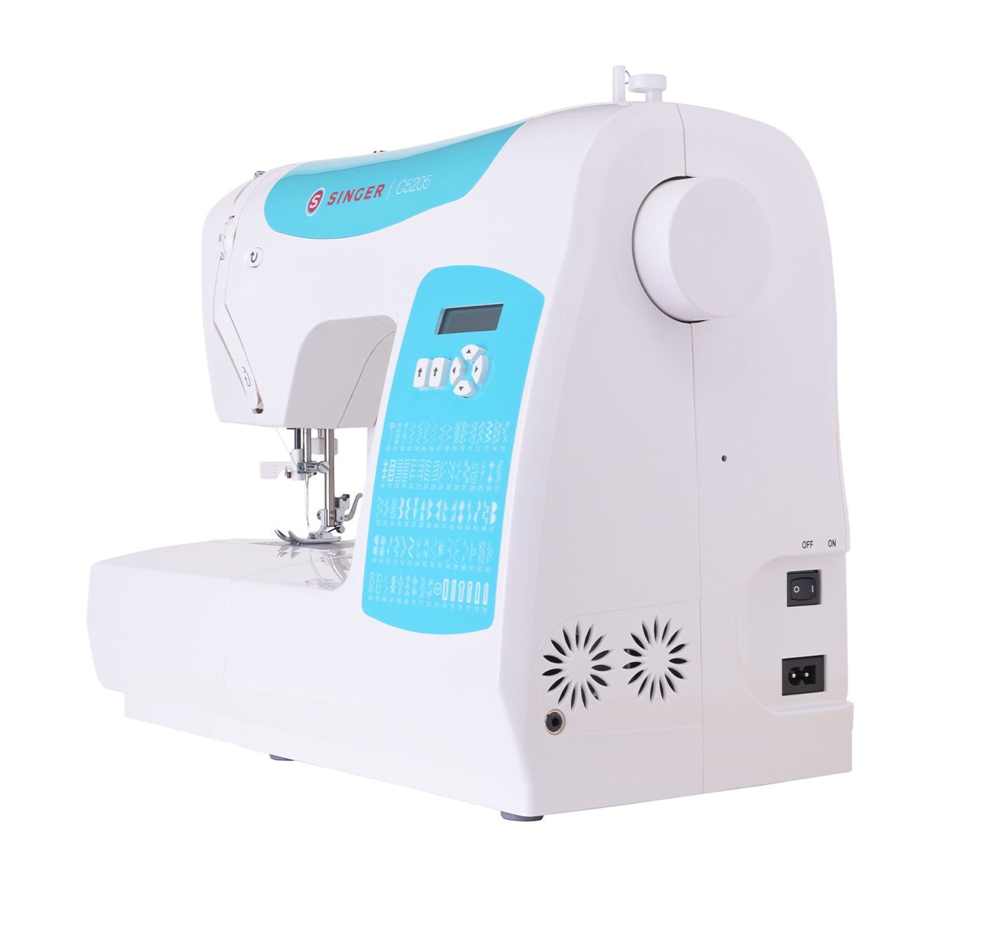 Biała maszyna do szycia Singer z niebieskim panelem sterowania.
