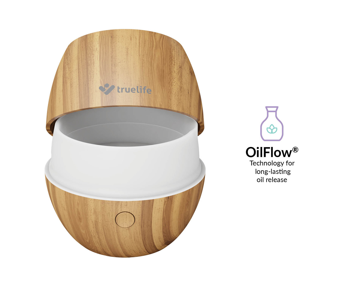 Drewniany dyfuzor zapachów z białą górą. Tekst po prawej: 'OilFlow'.