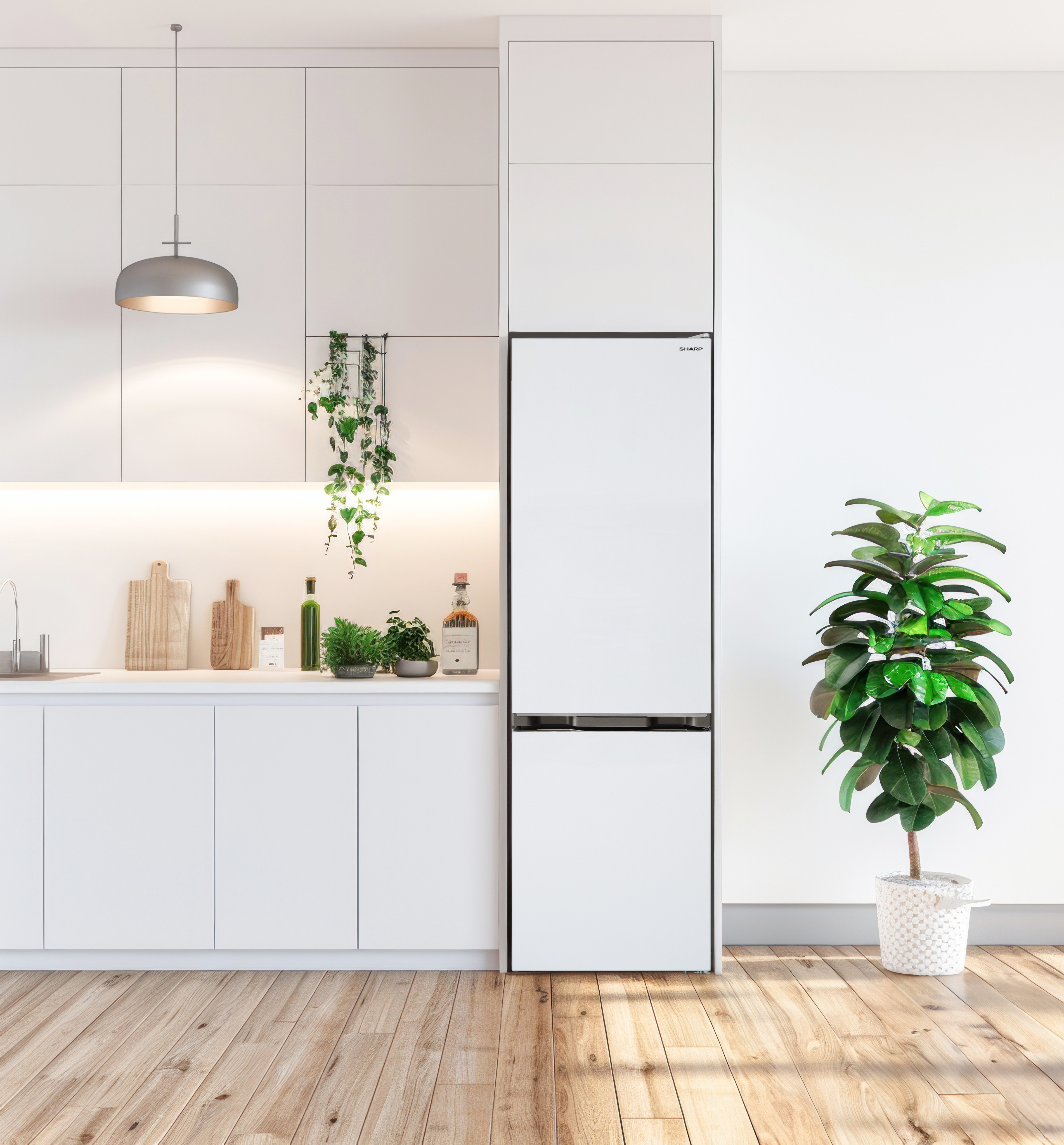 Modern kitchen with white cabinets, a tall refrigerator, wooden floors, and decorative plants.