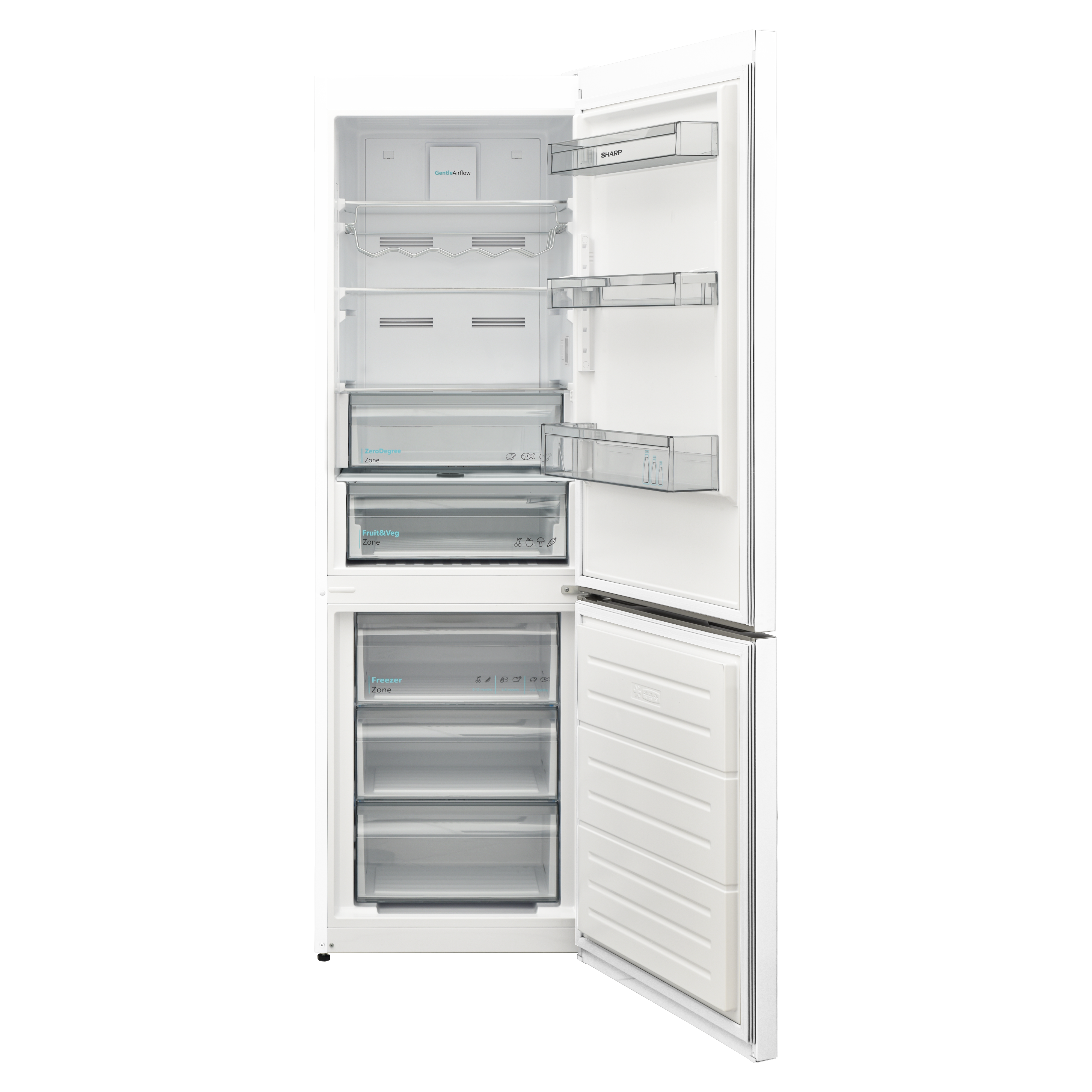 White refrigerator with the door open, showcasing interior compartments.