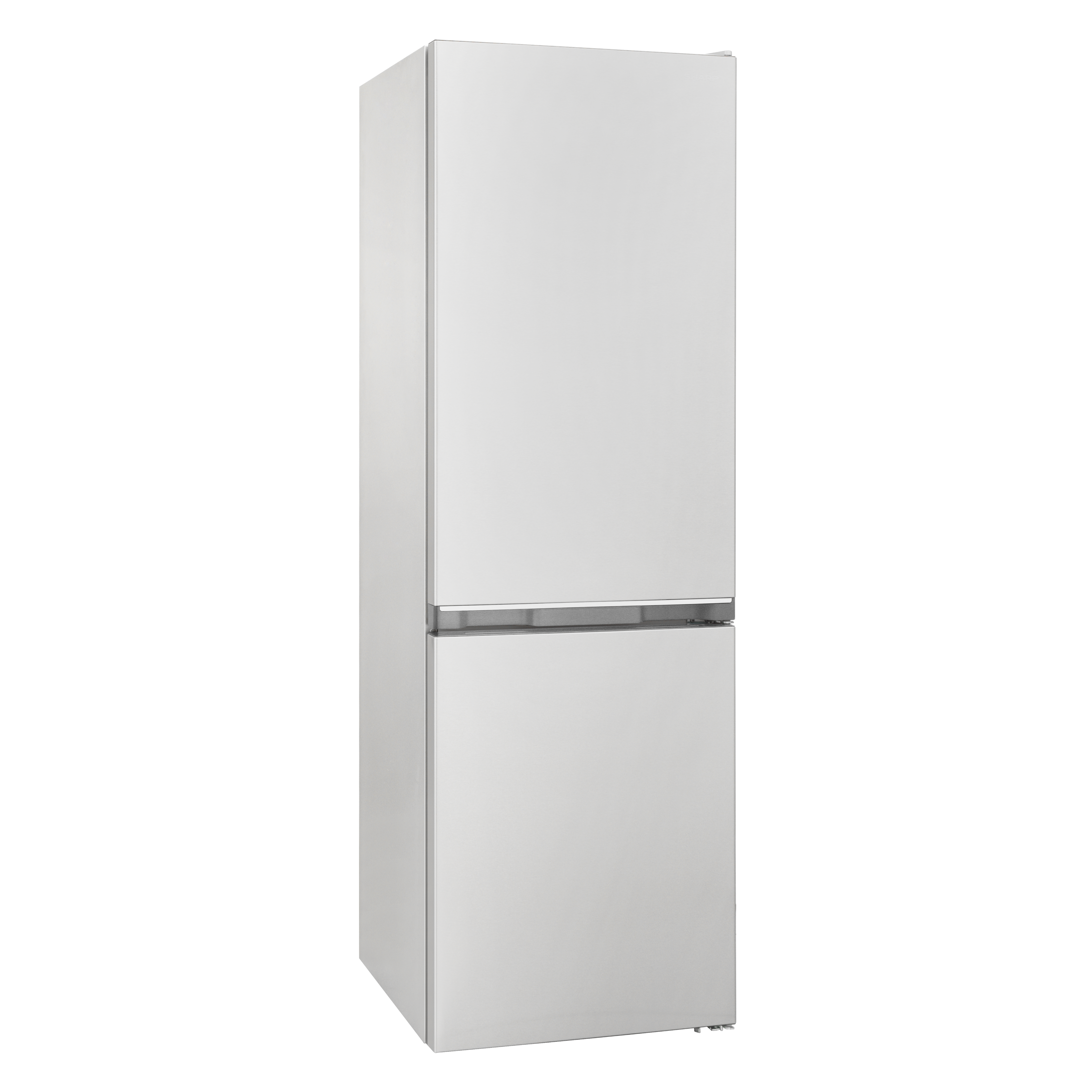 A tall, white refrigerator with a freezer on the bottom, standing against a black background.