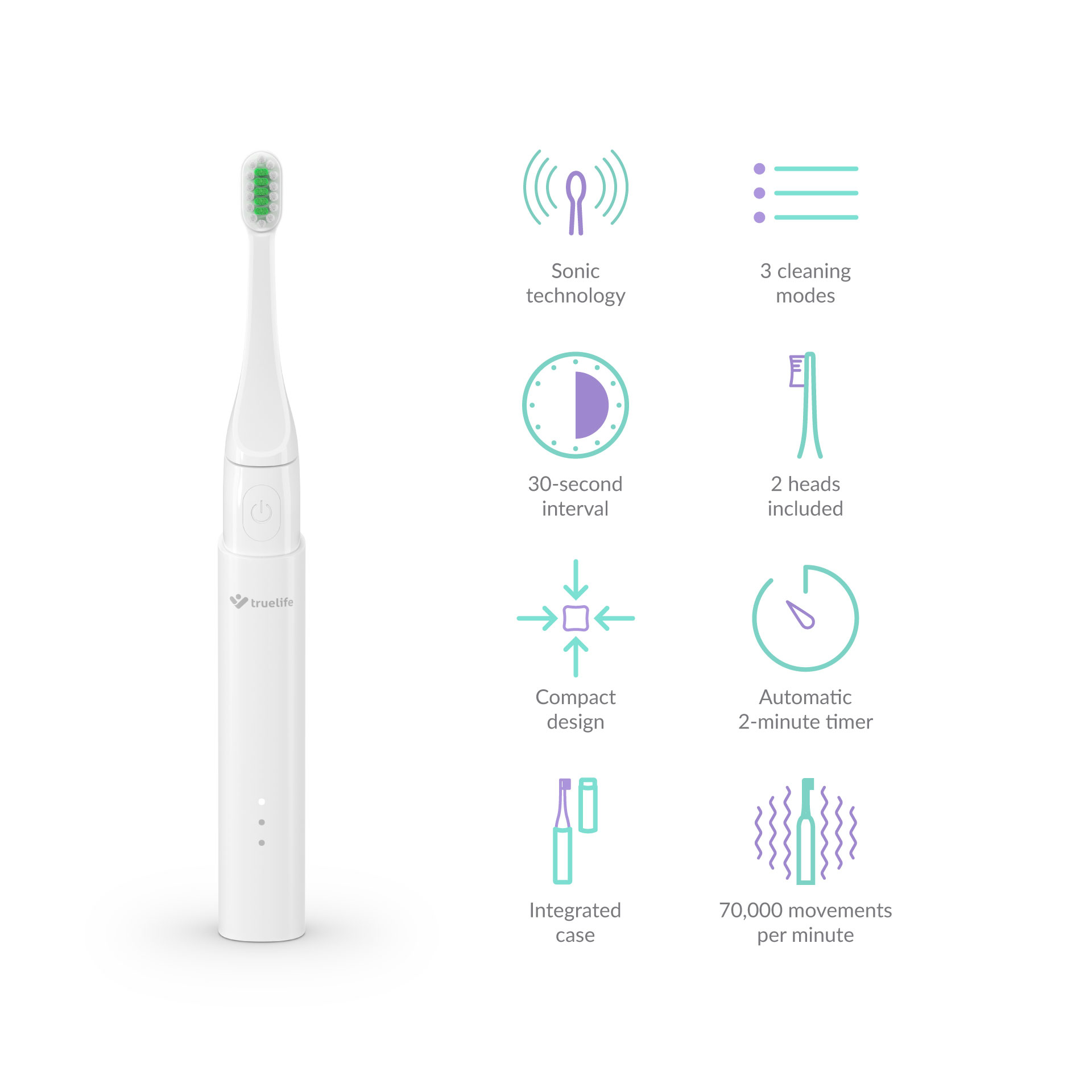 Biała elektryczna szczoteczka do zębów, ikony pokazujące technologię soniczną, tryby czyszczenia i timer.