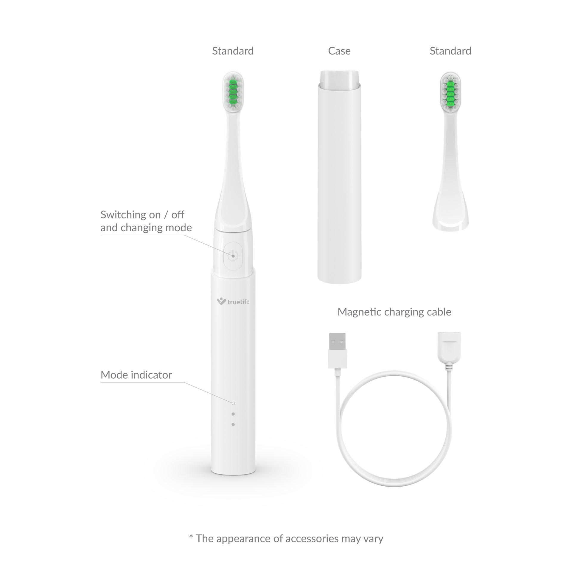Biała elektryczna szczoteczka do zębów z zielonym włosiem, etui i kablem ładującym. Akcesoria mogą się różnić.