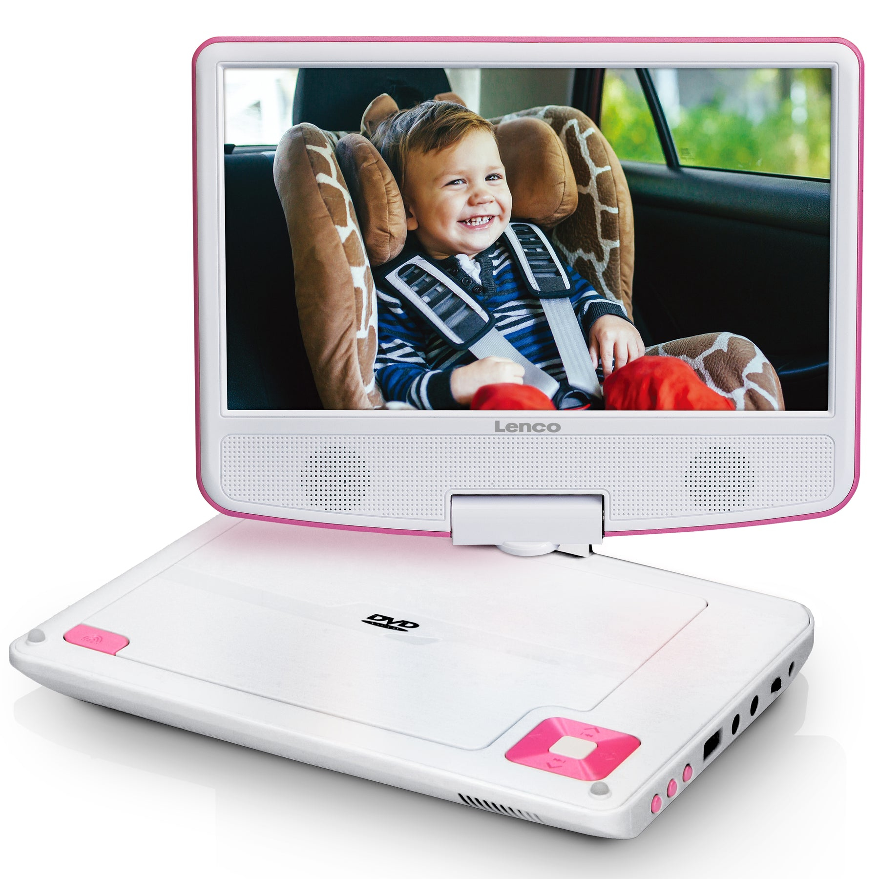 Een witte en roze dvd-speler met een scherm waarop een jongen in een autostoel te zien is. Het merk is Lenco.