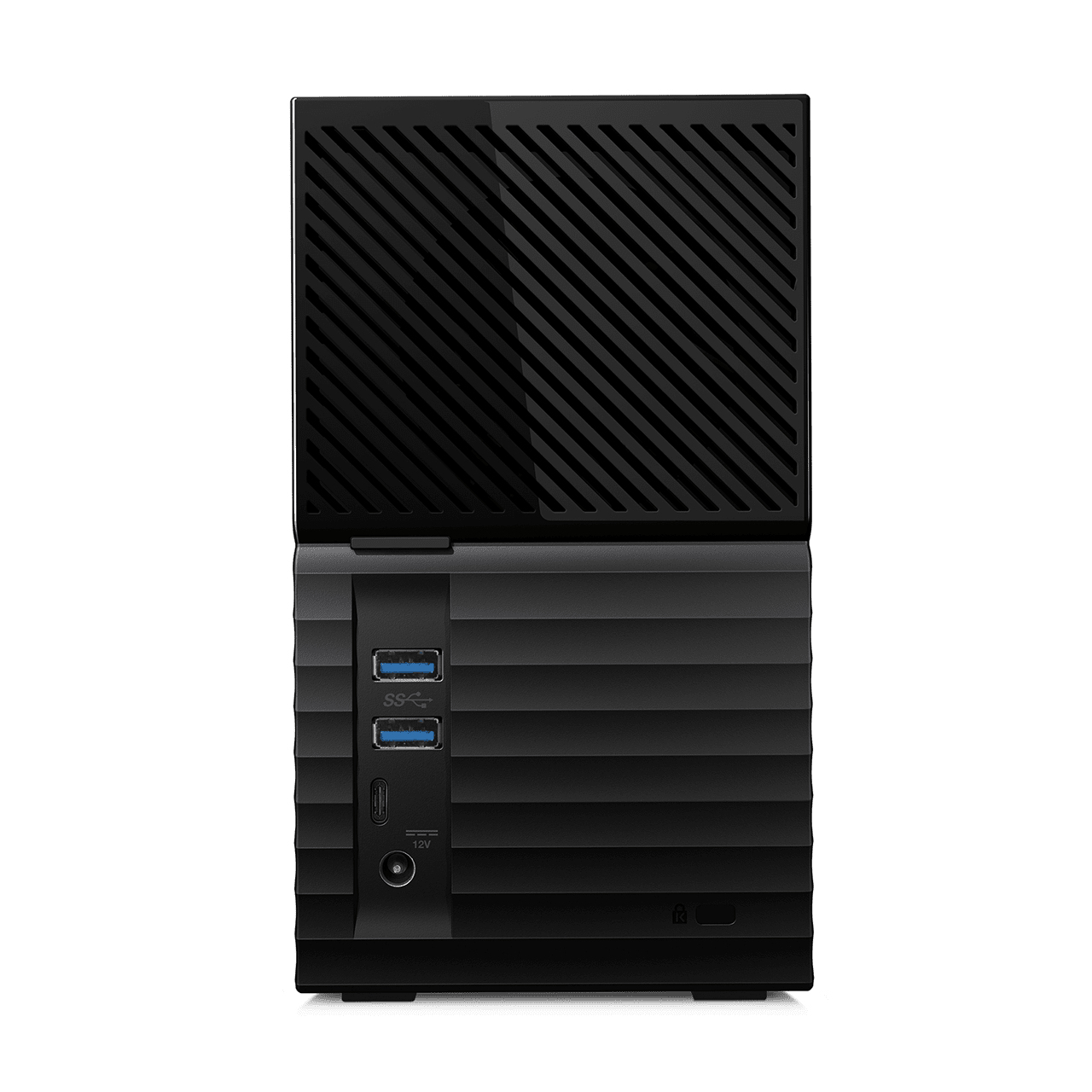 Ein Computer mit leuchtendem Innenraum, mit Textbeschriftungen, auf weißem Hintergrund.
