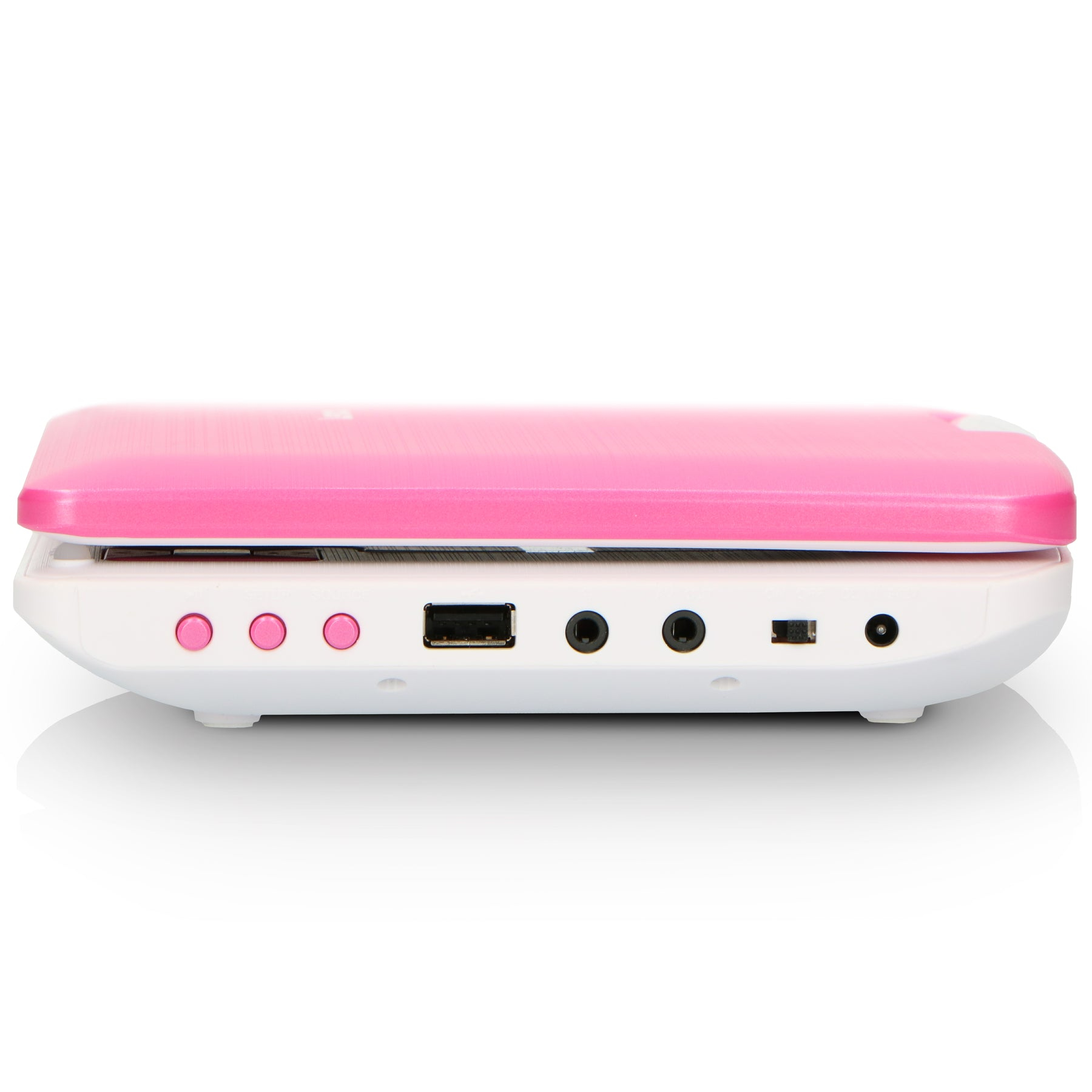 Roze en witte draagbare dvd-speler, met zichtbare knoppen en poorten, witte achtergrond.