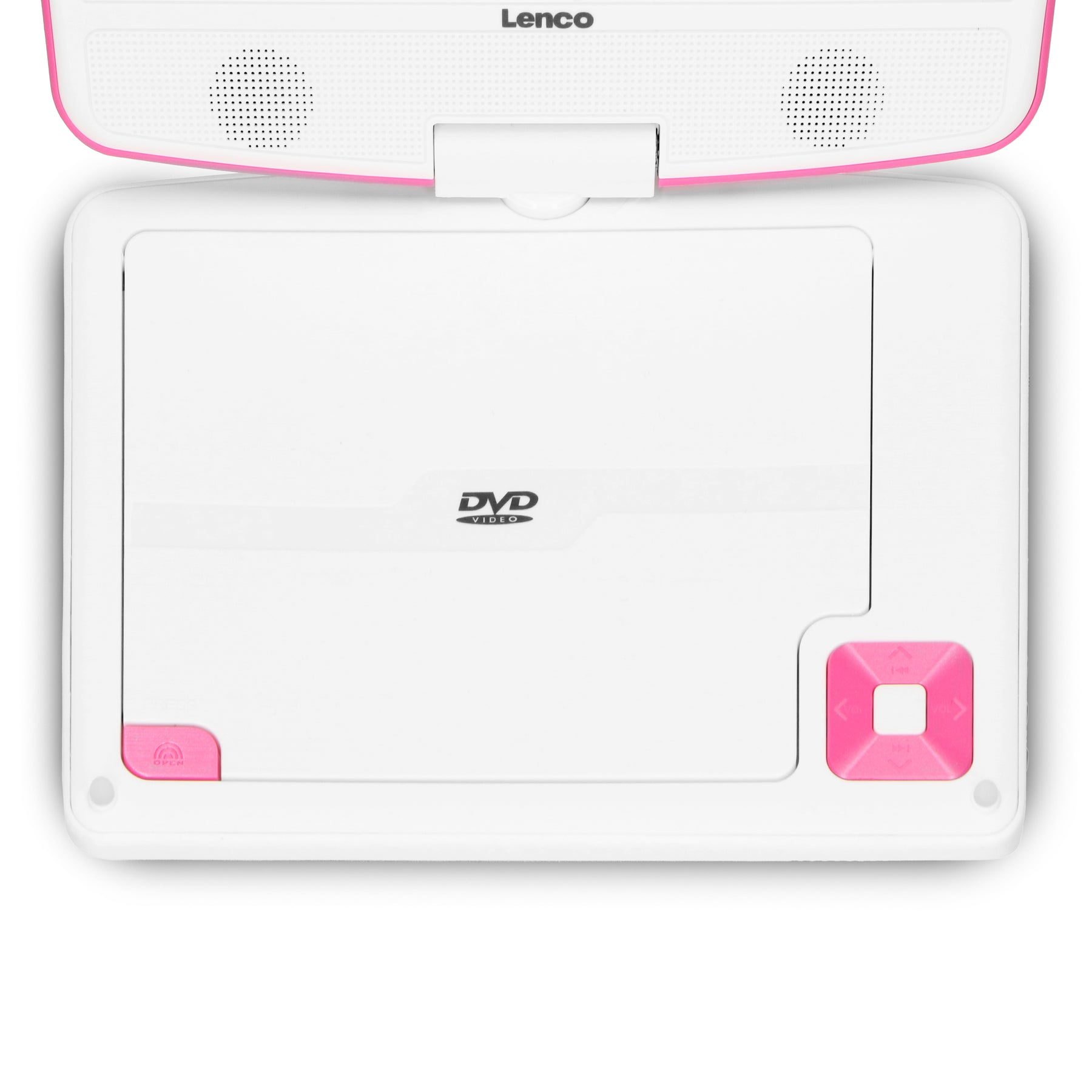 Witte dvd-speler met roze accenten op een witte achtergrond.