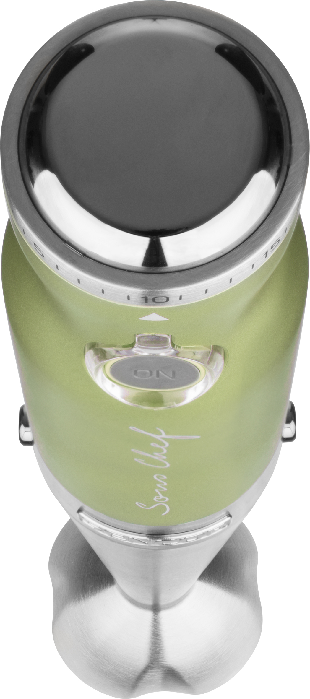 Widok z góry na zielony i srebrny blender ręczny z przyciskiem 'ON'.