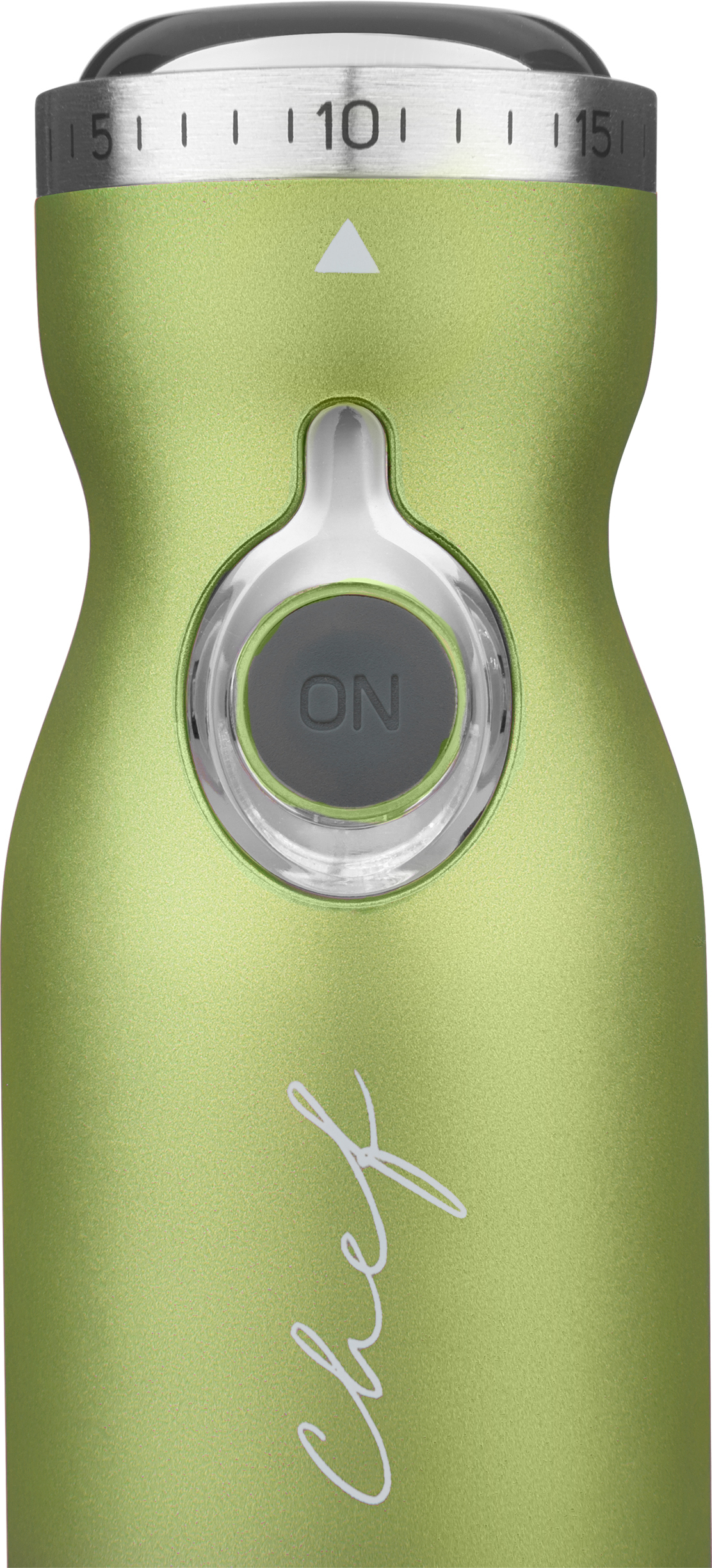 Zielony blender ręczny z timerem na białym tle.