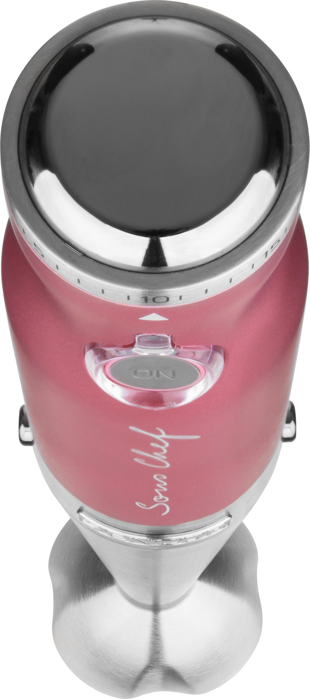 Blender ręczny, różowy i srebrny. Ma przycisk 'ON' i pokrętło prędkości. Tło jest białe.