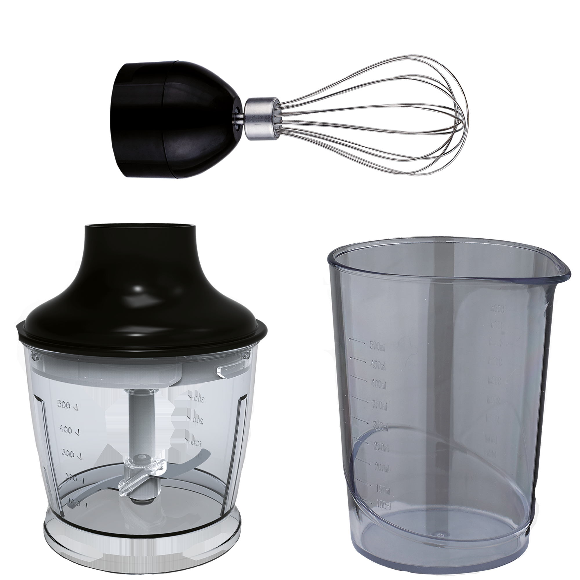 Piezas de licuadora: picadora negra, batidora y taza medidora, todo sobre fondo blanco.