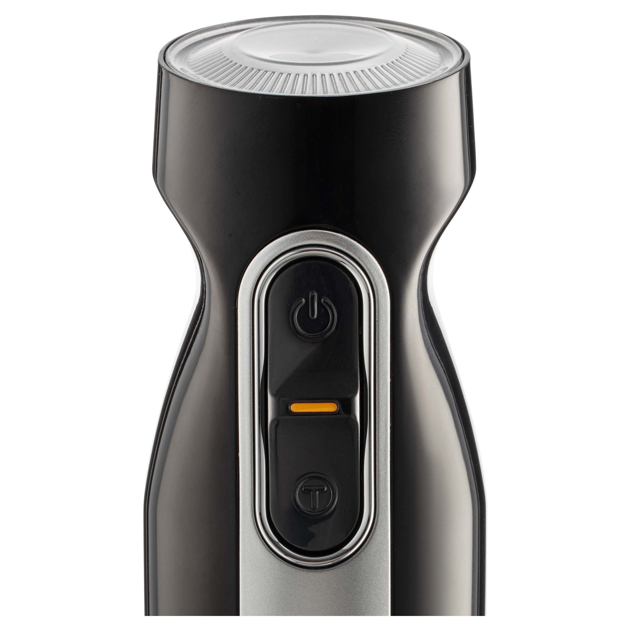Czarny blender ręczny z przyciskami zasilania, na białym tle.