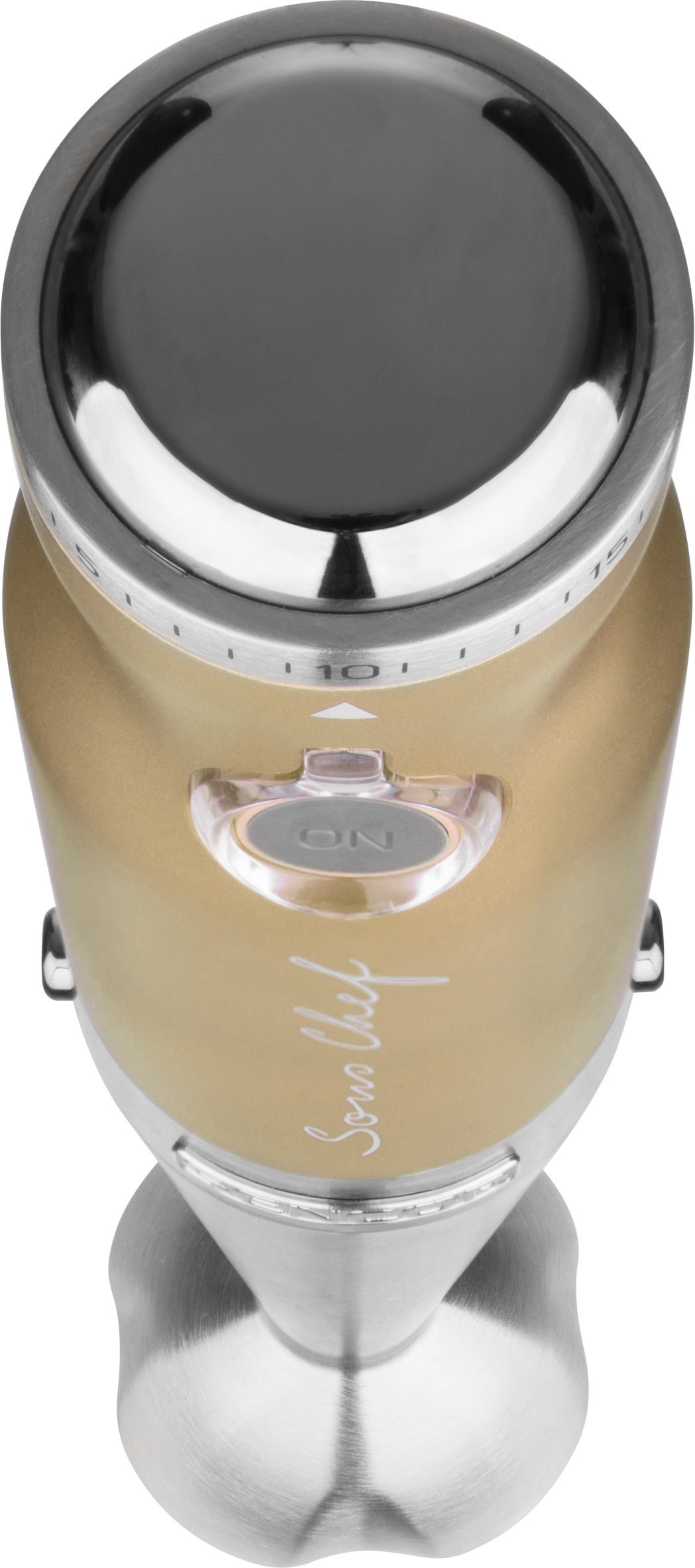 Złoty blender ręczny ze srebrną podstawą i przyciskiem „ON”, widok z góry, odizolowany.
