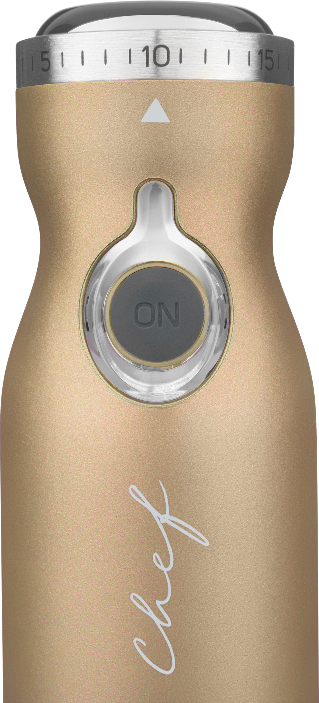 Zbliżenie na złoty sprzęt kuchenny z przyciskiem 'ON' i numerowaną tarczą.