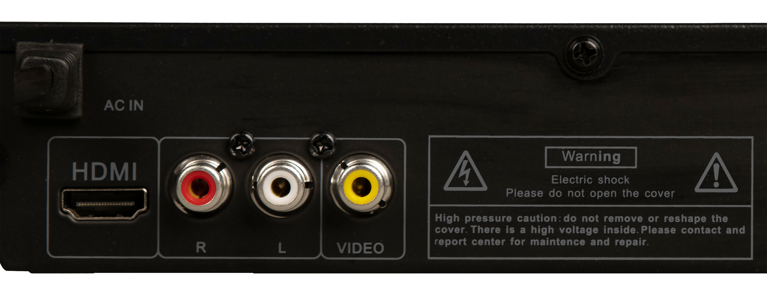 Panneau arrière d'un lecteur DVD noir avec ports HDMI, R, L, VIDEO et étiquettes d'avertissement.