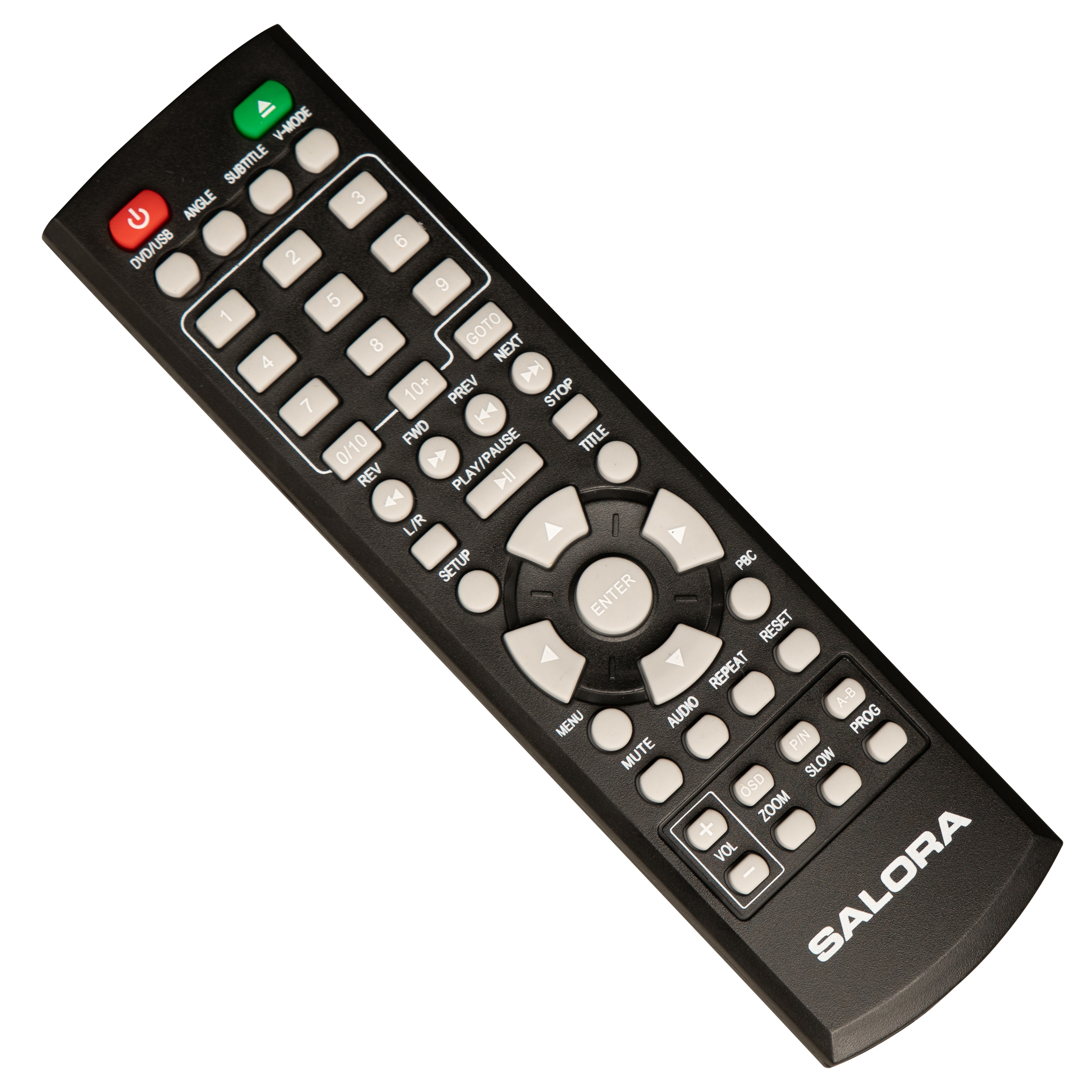 Une télécommande noire avec de nombreux boutons.