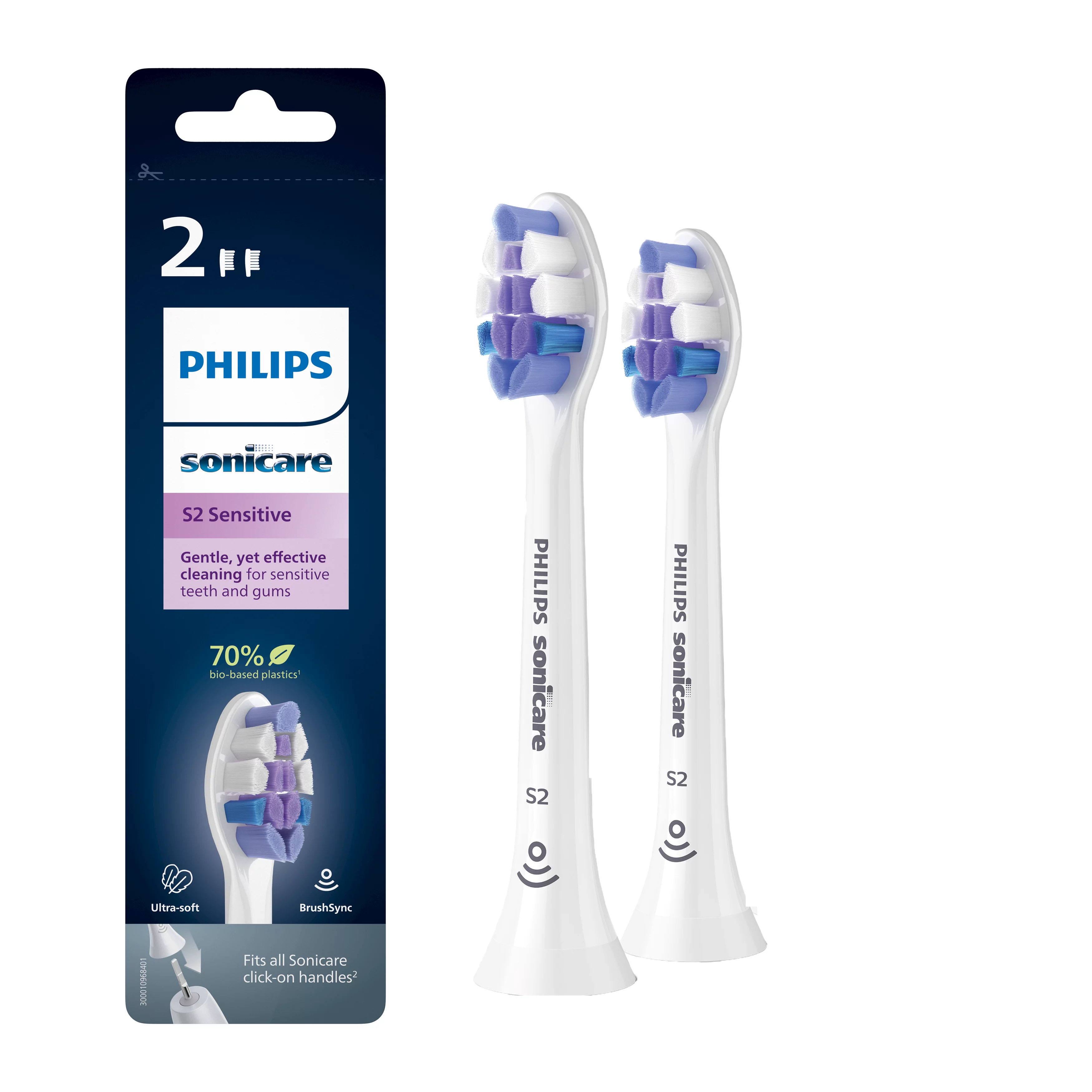 Dwie białe główki szczoteczki do zębów Philips Sonicare. Opakowanie z nazwą marki po lewej.