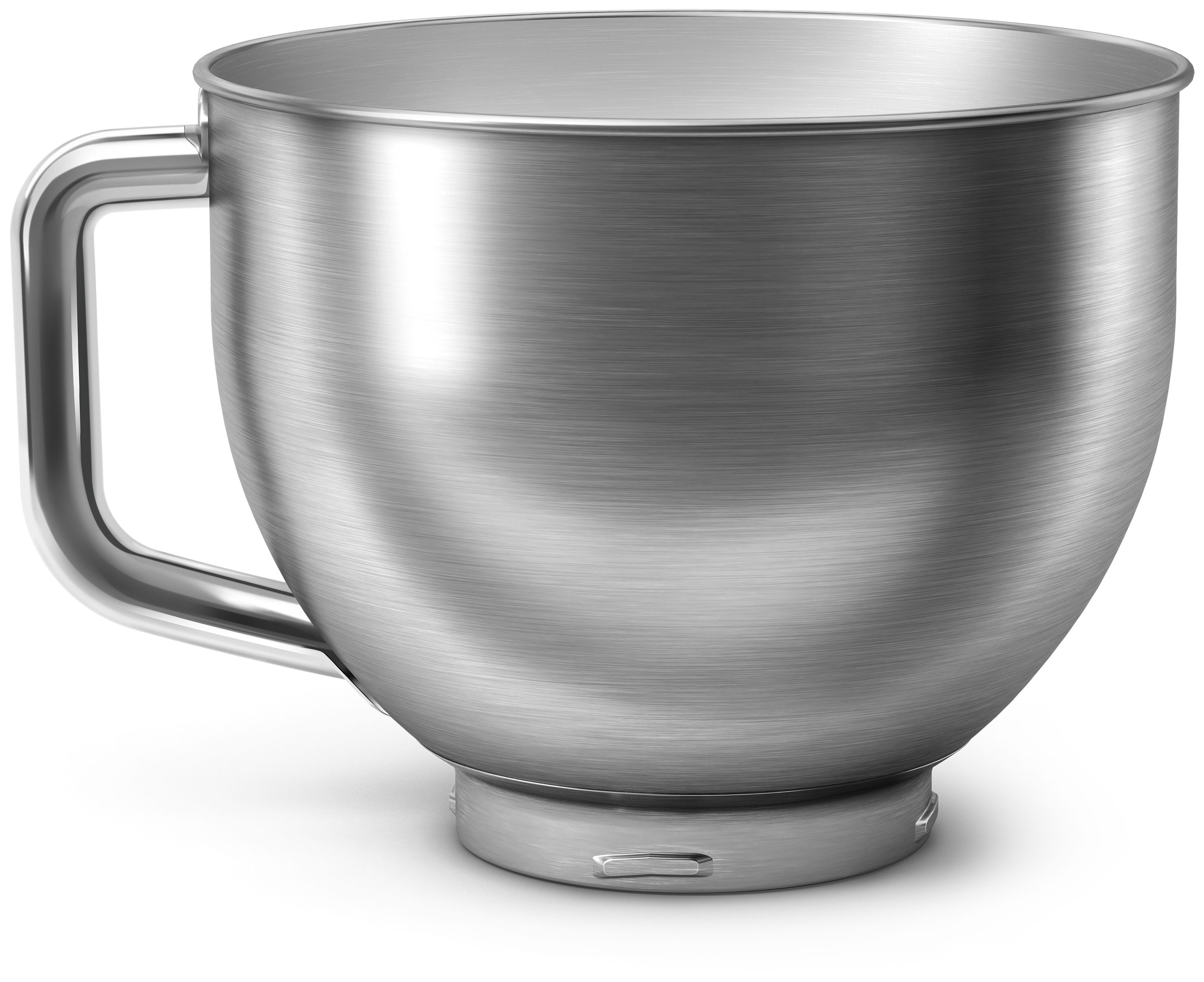 Silver mixing bowl with a handle, against a white background. The bowl has a rounded shape.