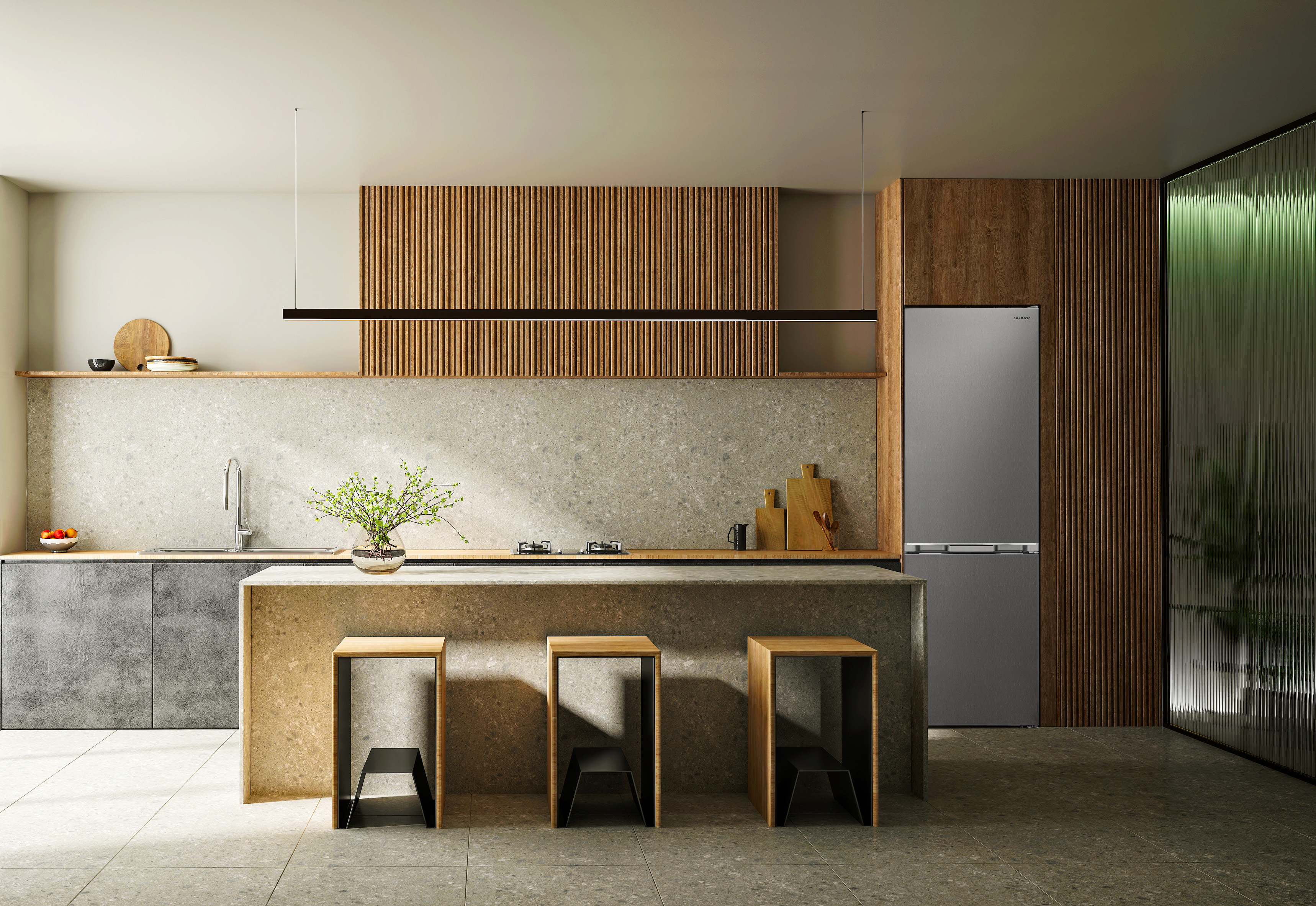 Moderne keuken met eiland, krukken en een koelkast. Hout- en betonontwerp.