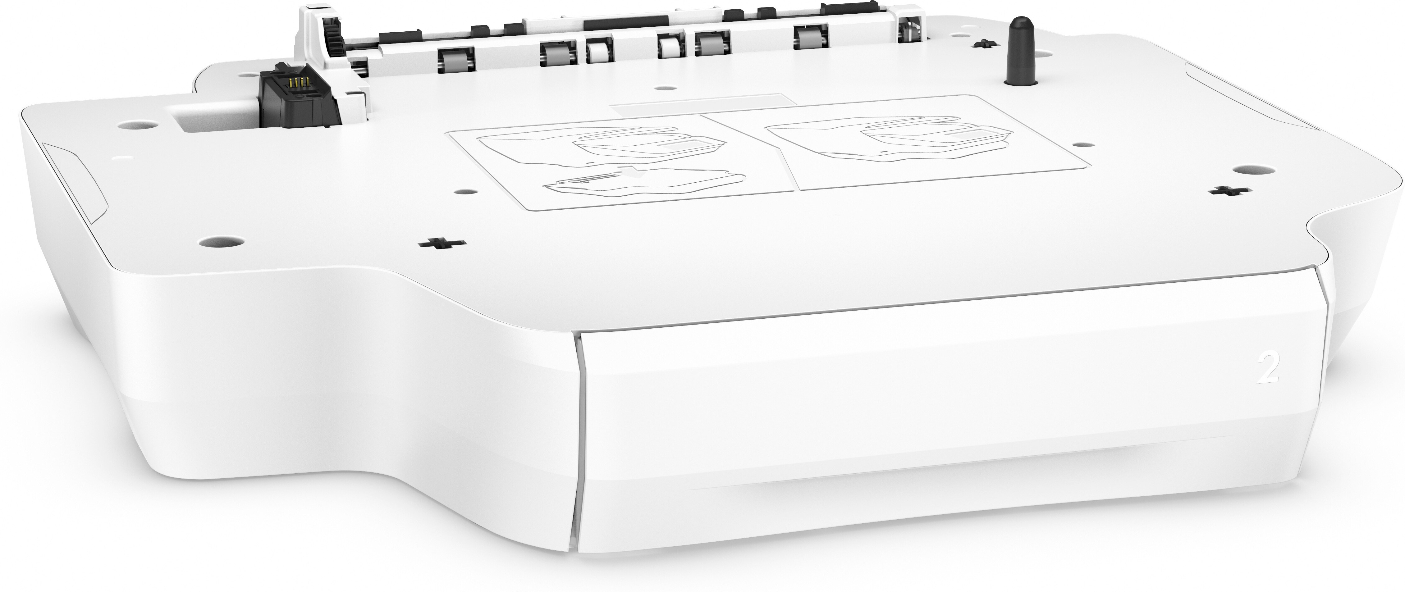 Białe urządzenie elektroniczne ze złączami i czarnym przyciskiem, z góry.