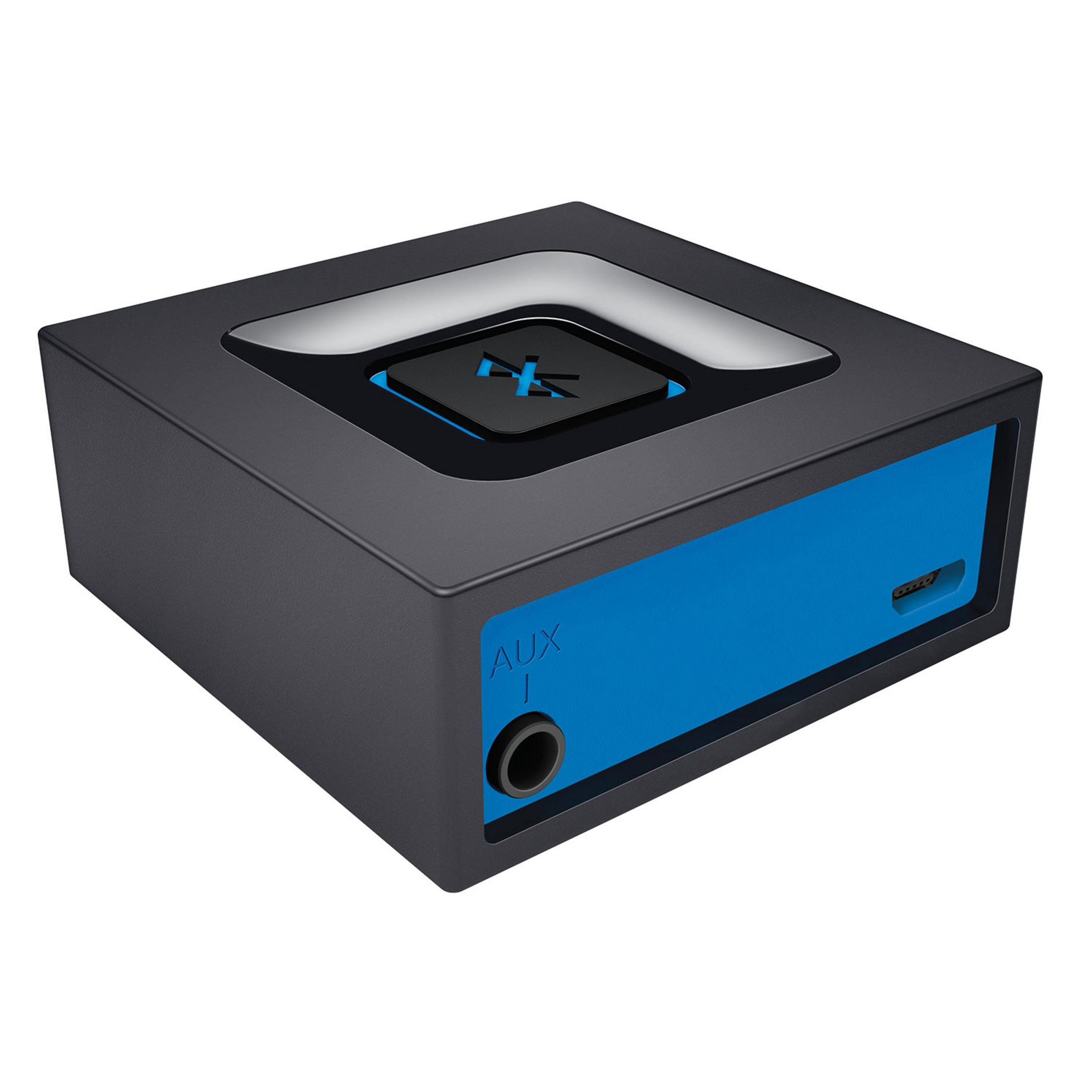 Ein schwarzes Gerät mit Bluetooth-Logo und blauen Akzenten, AUX-Anschluss und Logitech-Logo.