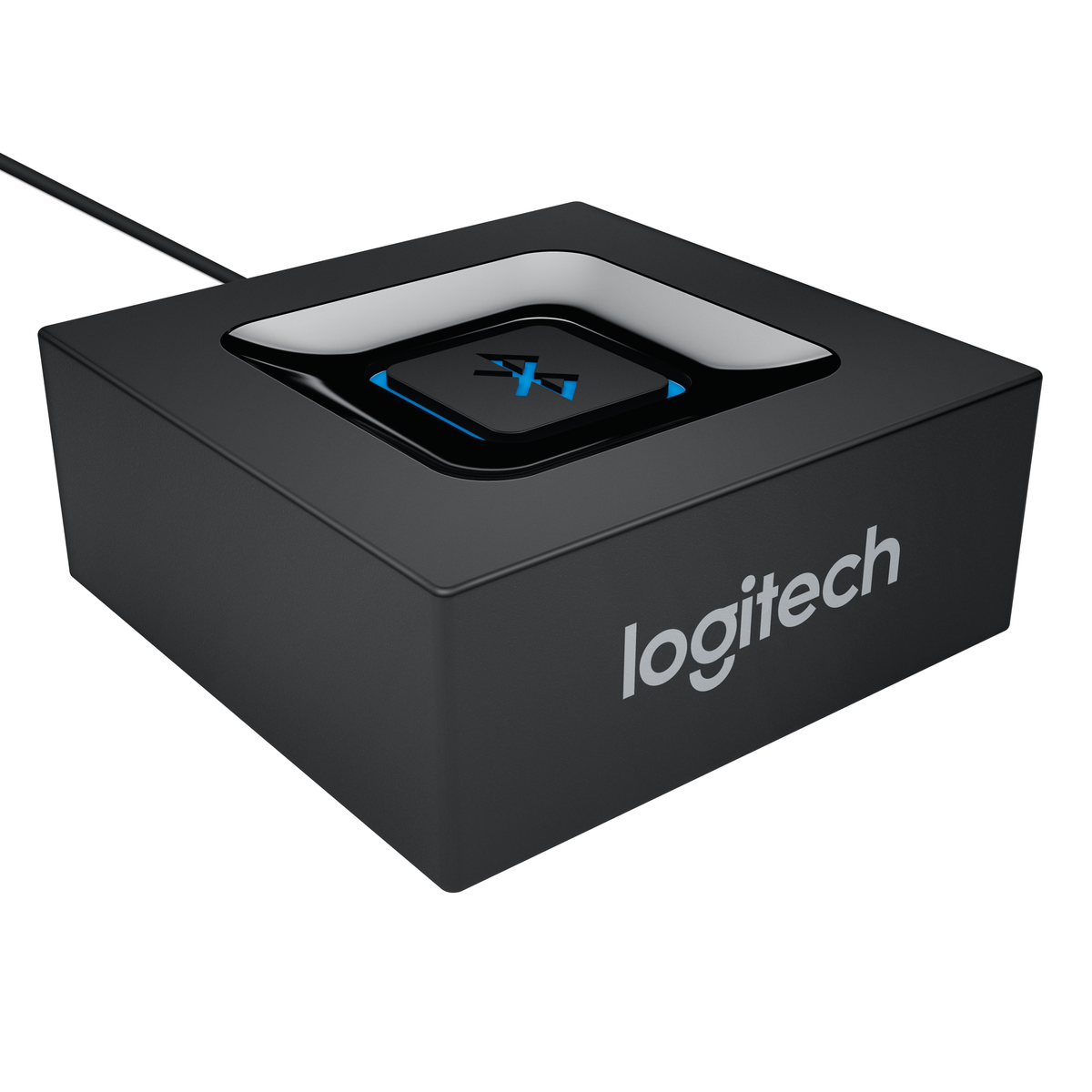 Ein schwarzes Gerät mit Bluetooth-Logo, Logitech-Logo und schwarzem Kabel, weißer Hintergrund.