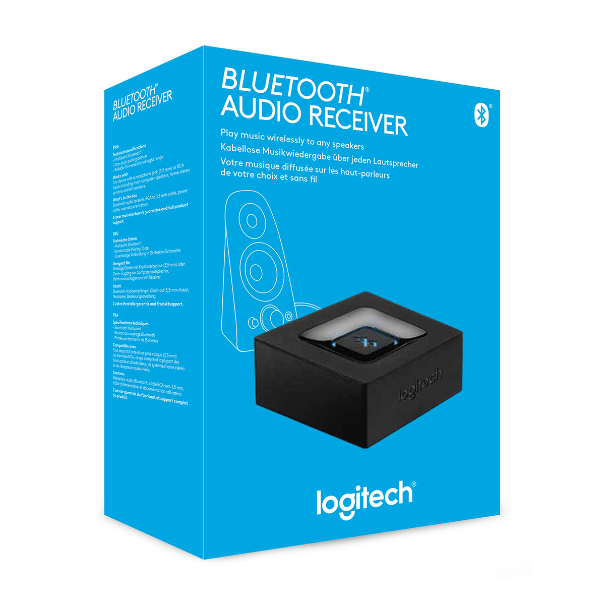 Box mit Bluetooth-Audio-Empfänger, Lautsprechergrafik und Text, blauer Hintergrund.