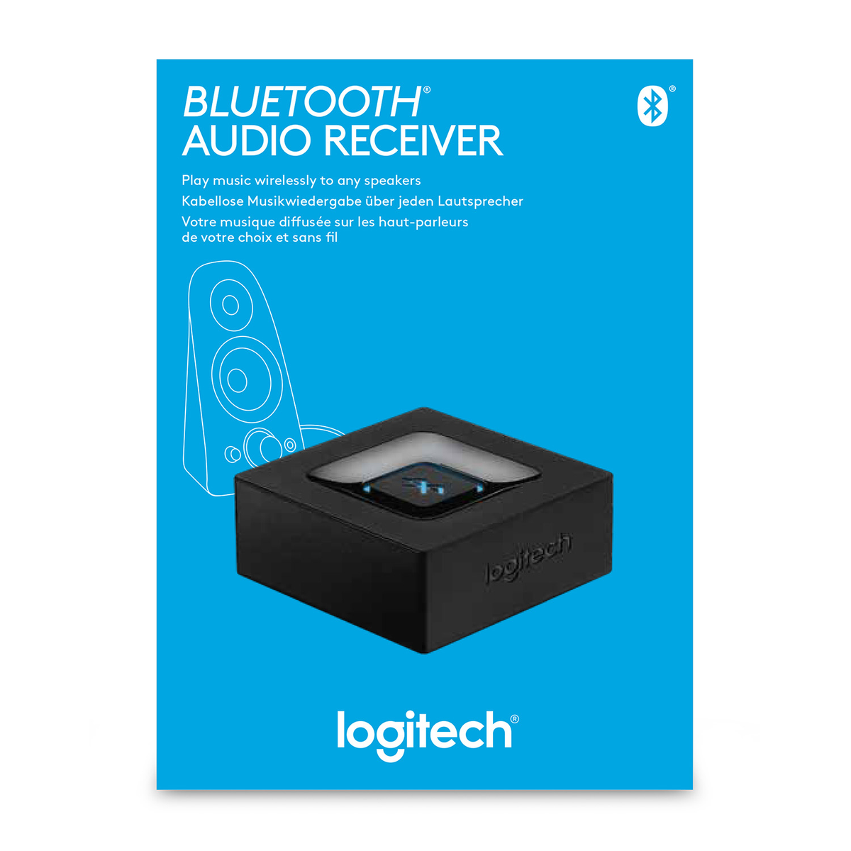 Box mit Bluetooth-Audio-Empfänger und Logitech-Logo, blauer Hintergrund.