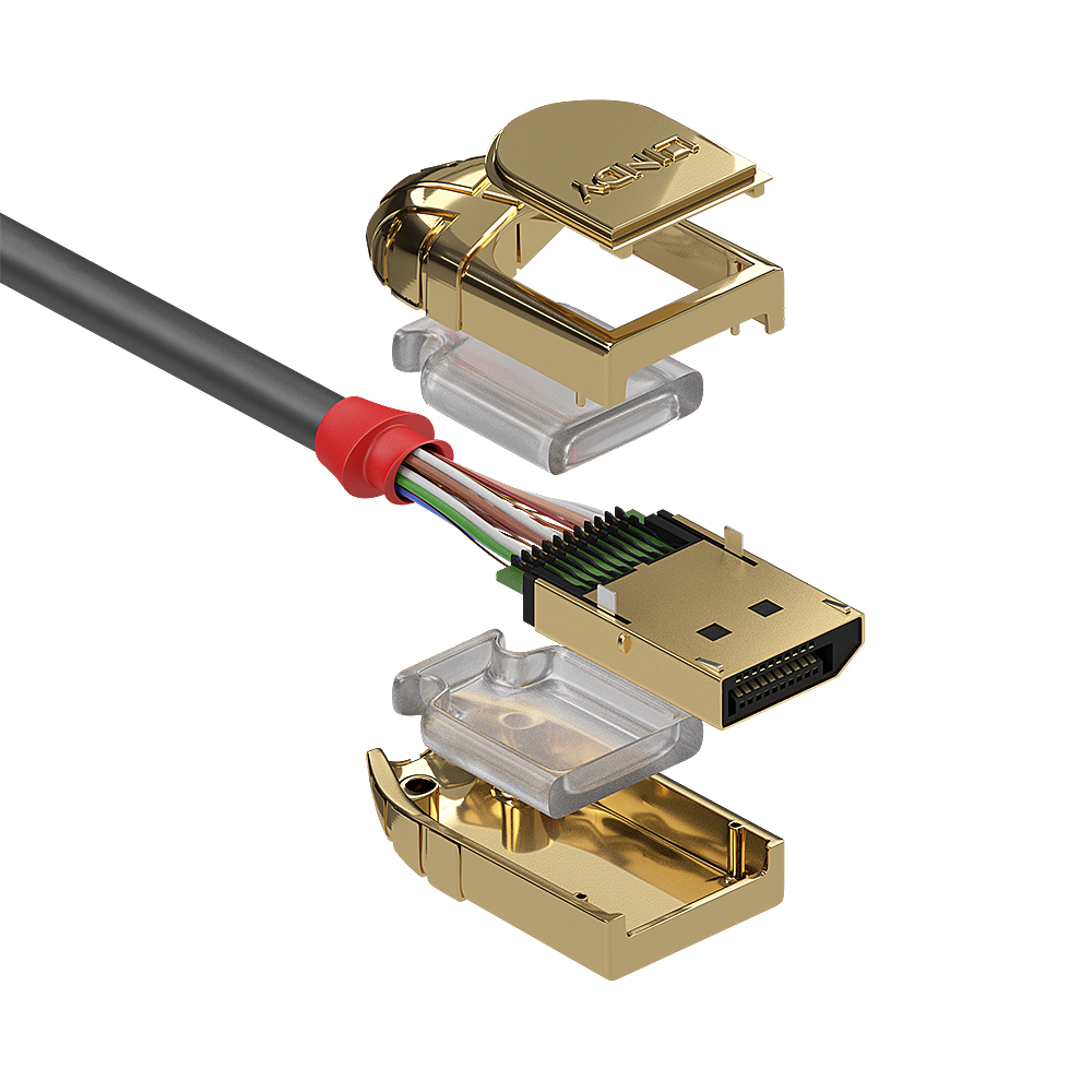 Een explosieview van een HDMI-kabel met gouden connectoren.