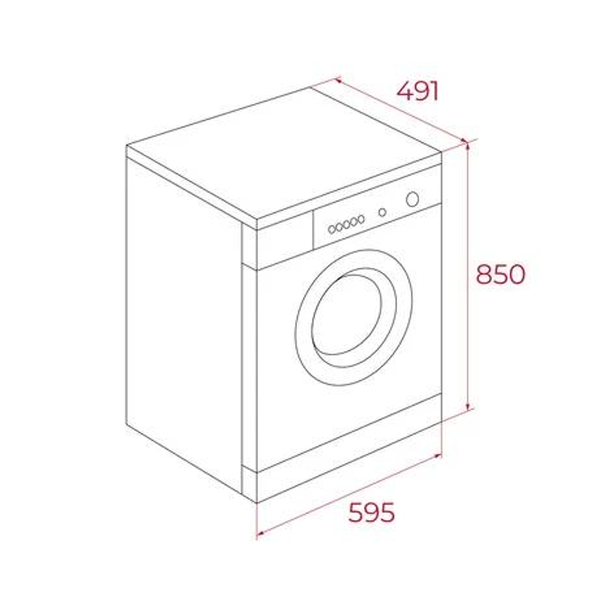 Widok izometryczny pralki ze wskazanymi wymiarami.