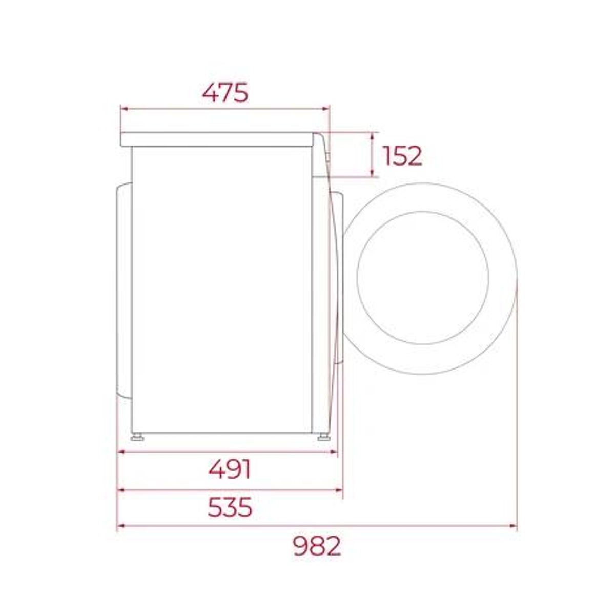 Rysunek techniczny maszyny przedstawiający wymiary w milimetrach: 475, 152, 491, 535 i 982.