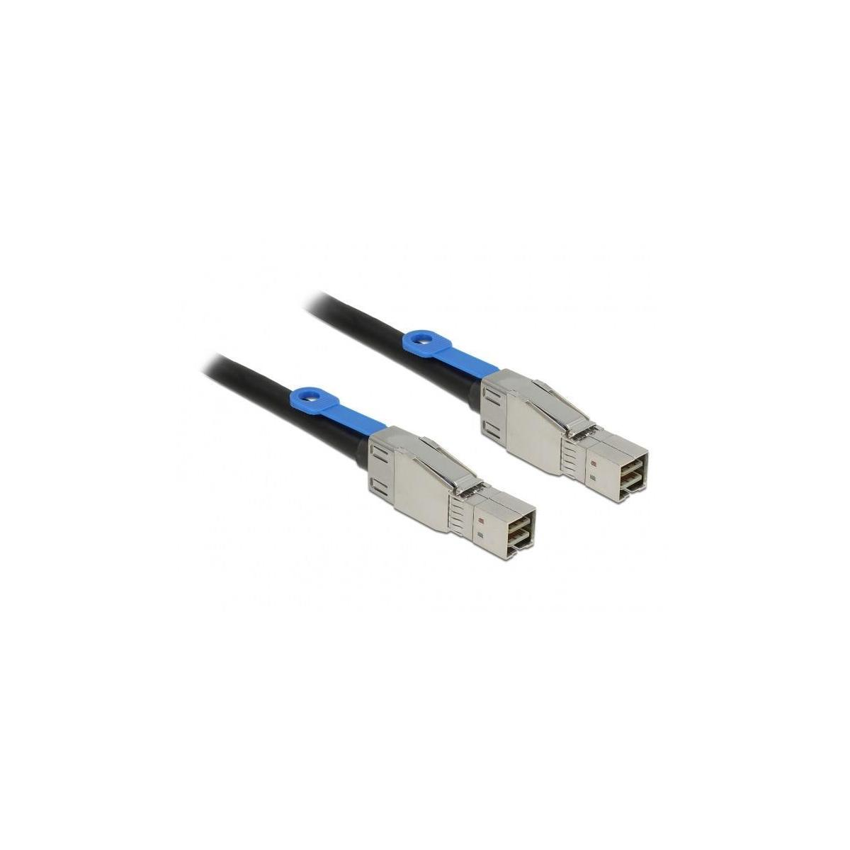 Due cavi con connettori argentati e fissaggi blu.
