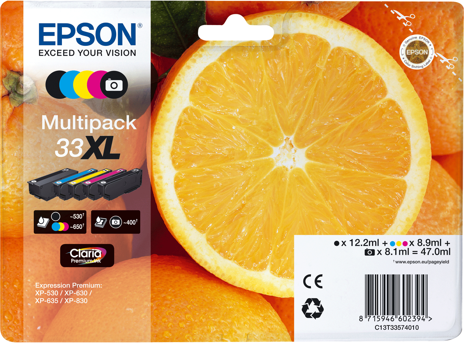 Multipack di cartucce di inchiostro Epson, fette di arancia sullo sfondo.