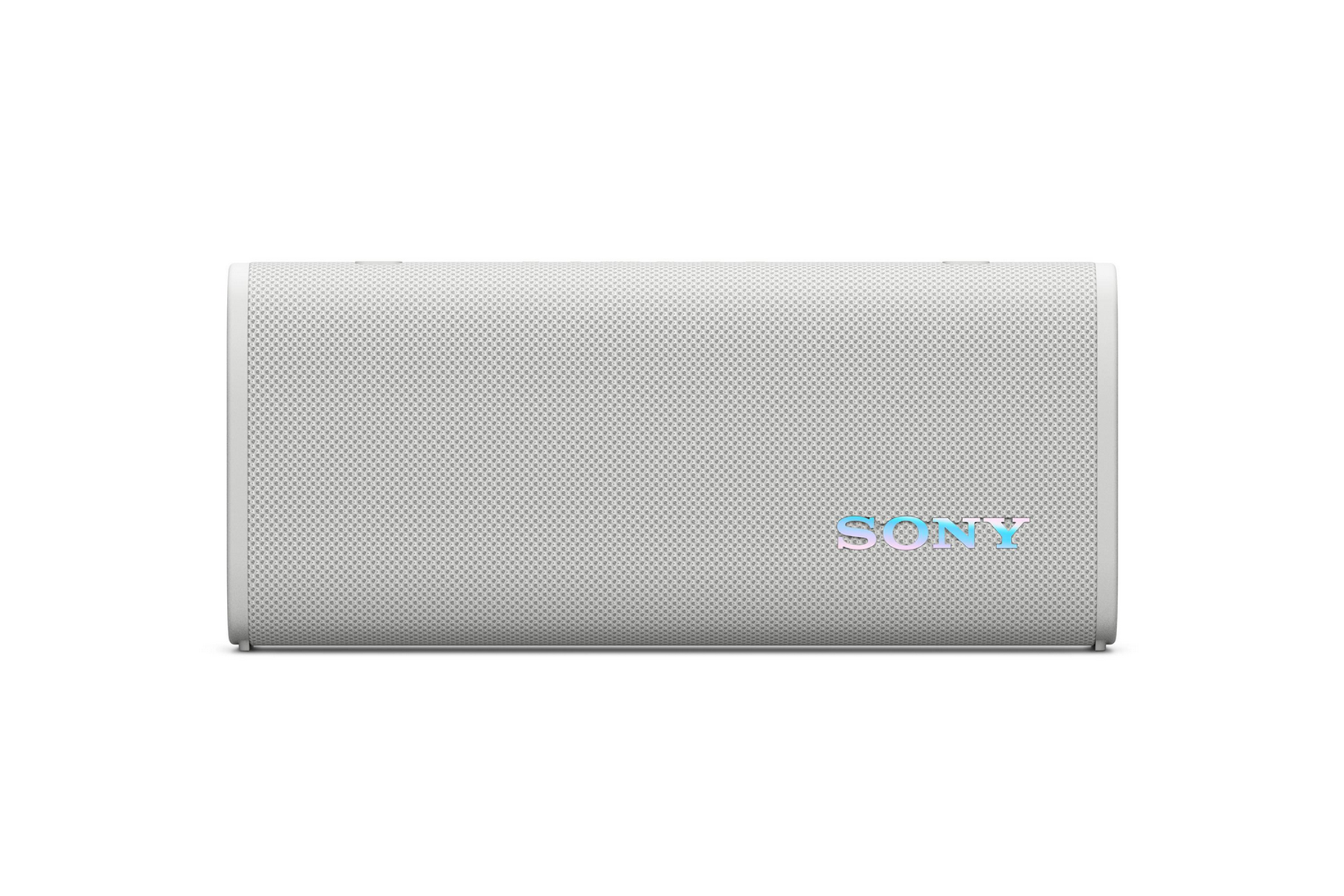 Un altoparlante rettangolare bianco con la parola SONY in un font olografico sulla superficie anteriore.