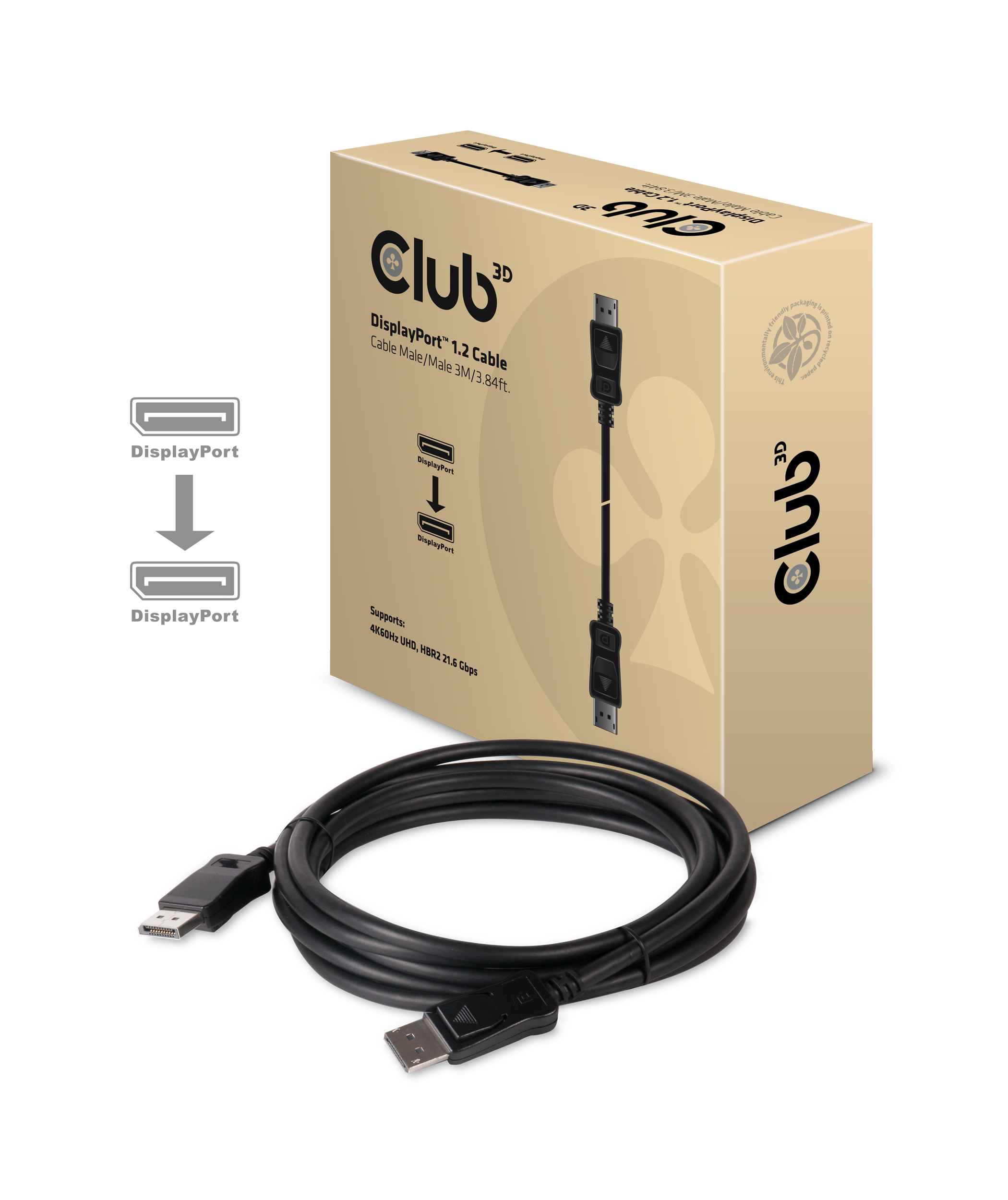 DisplayPort-kabel en doos. Kabel is zwart, doos toont connectoren en details.