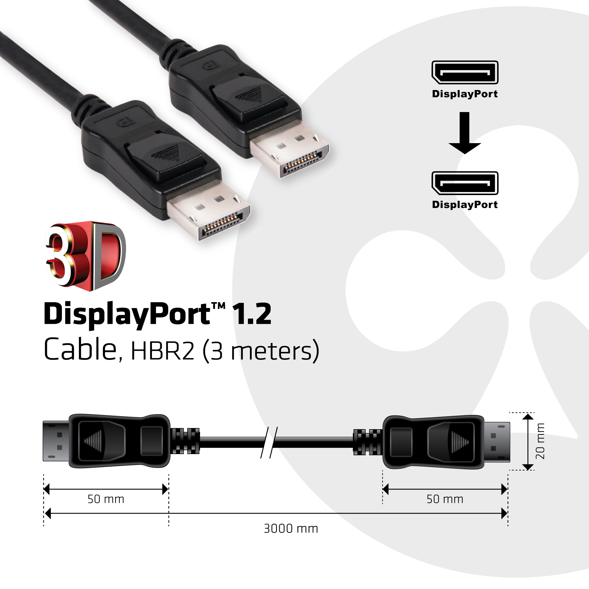 Zwarte DisplayPort-kabel met connectoren en afmetingen op een witte achtergrond.