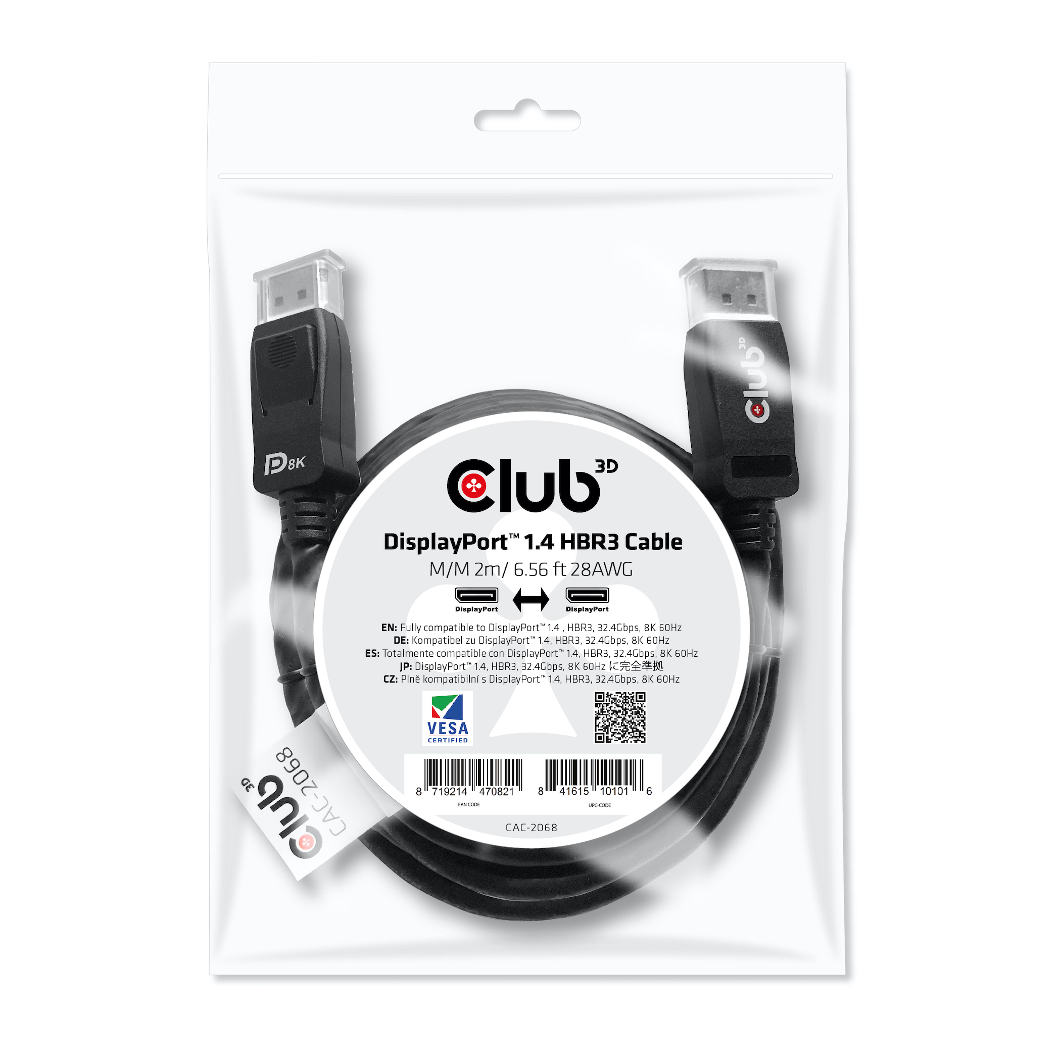 Câble DisplayPort dans un sac plastique. Le câble est noir avec des connecteurs. L'emballage a du texte et des logos.
