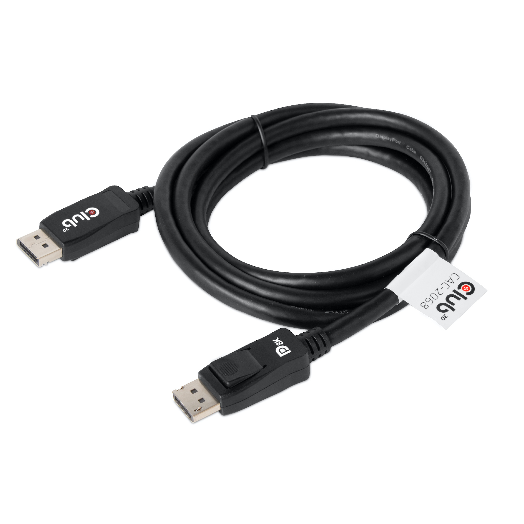 Câble DisplayPort noir avec connecteurs. Le câble est courbé. Les connecteurs ont le logo Club 3D.