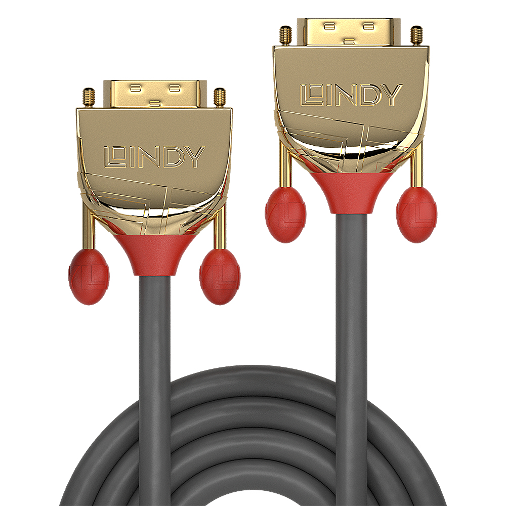 Cavo LINDY oro e rosso con due connettori e un cavo grigio.