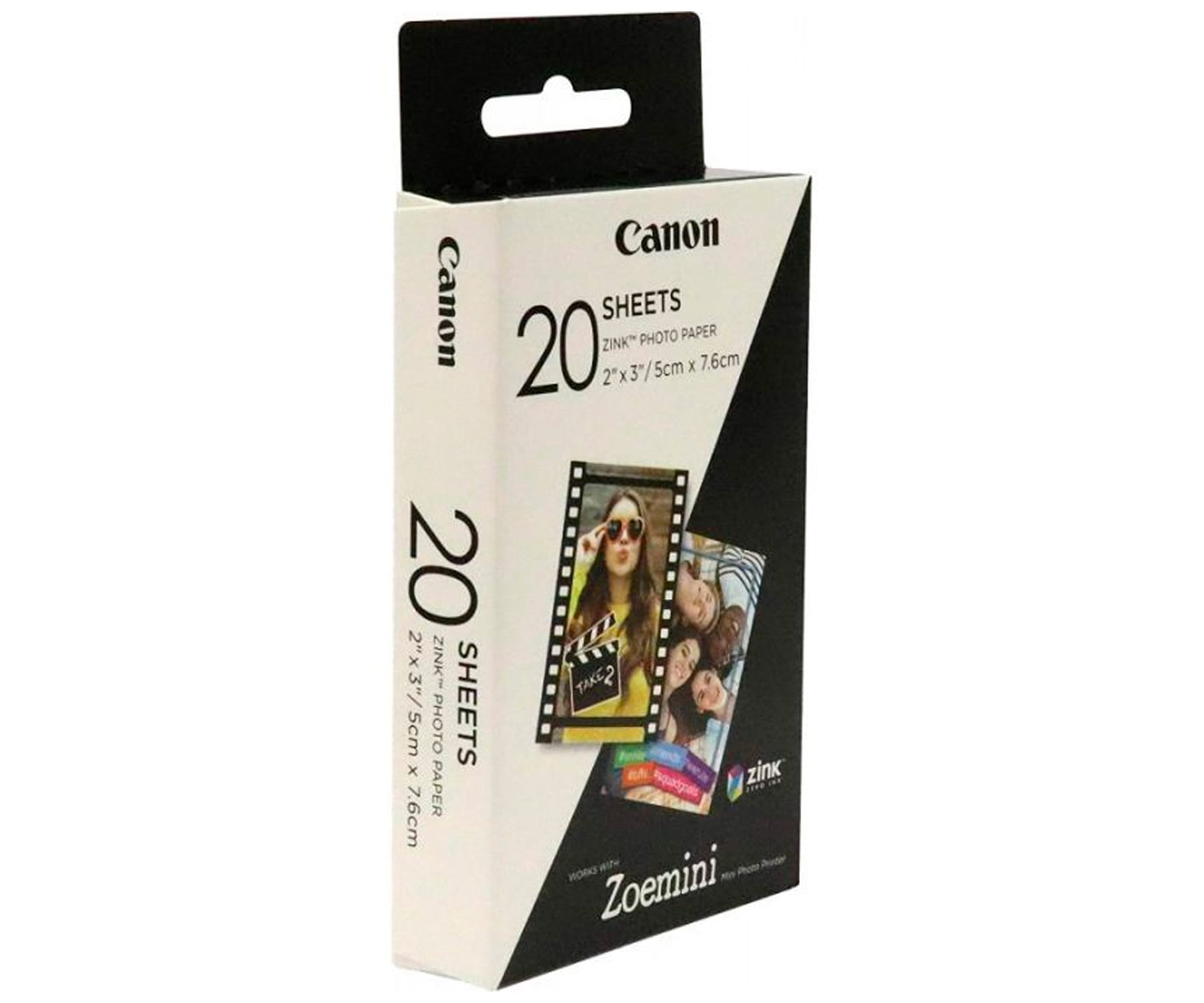 Eine Canon ZoeMini Fotopapierbox zeigt Bilder von jungen Leuten und einer Filmklappe auf weißem Hintergrund.