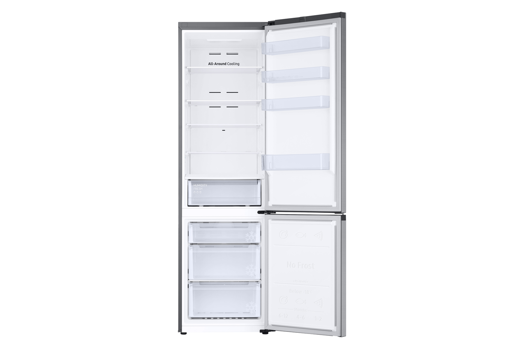 Refrigerador blanco abierto con estantes y cajones.
