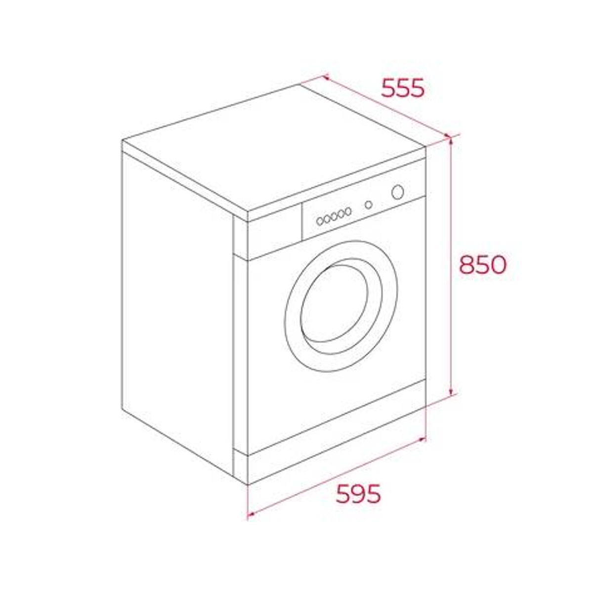 Rysunek liniowy pralki, o wymiarach 555x850x595 mm.