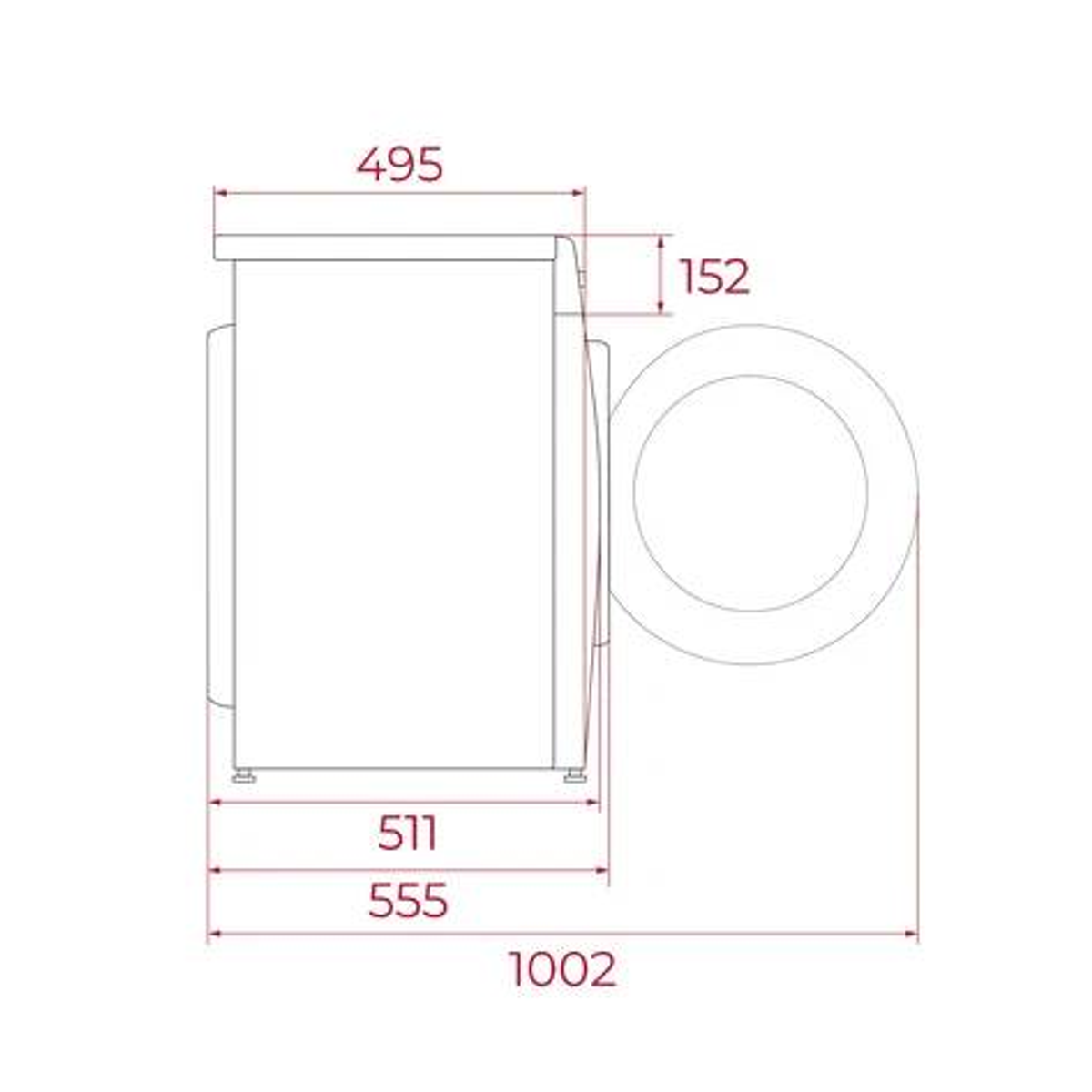 Widok z góry na kontur pralki z wymiarami. Wymiary podane są w mm.