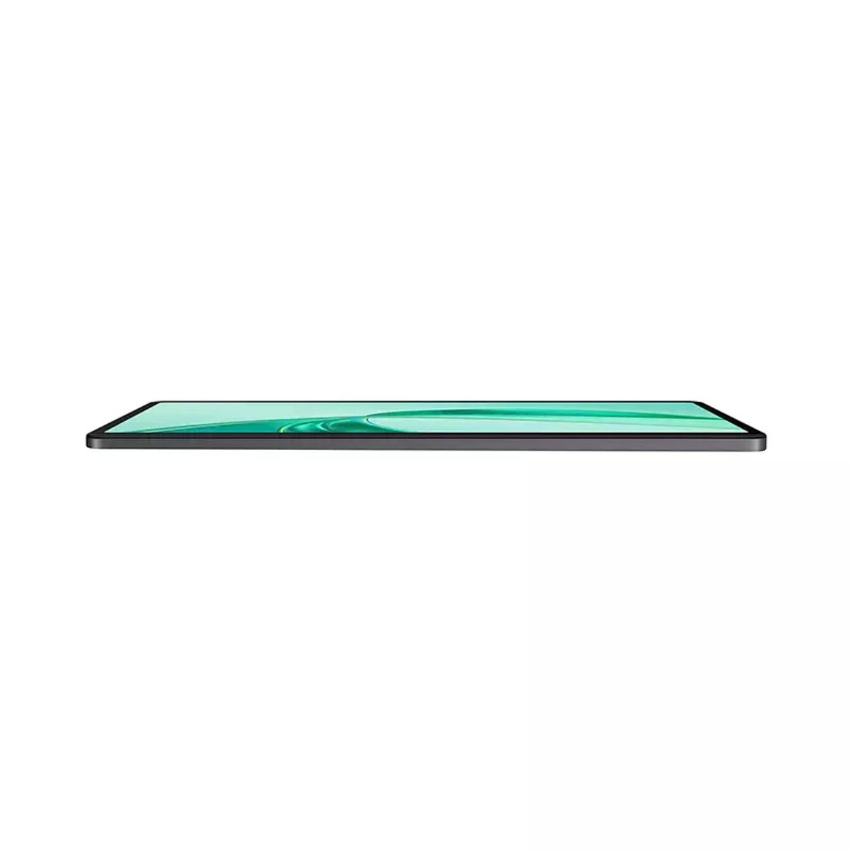 Ein dünnes, dunkel gefärbtes Tablet, das flach liegt und einen grünen Bildschirm zeigt.