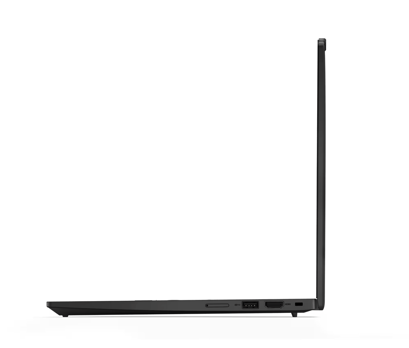 Seitenansicht eines schwarzen Laptops. Sichtbar sind die Anschlüsse an der Seite, und der Bildschirm ist geschlossen.