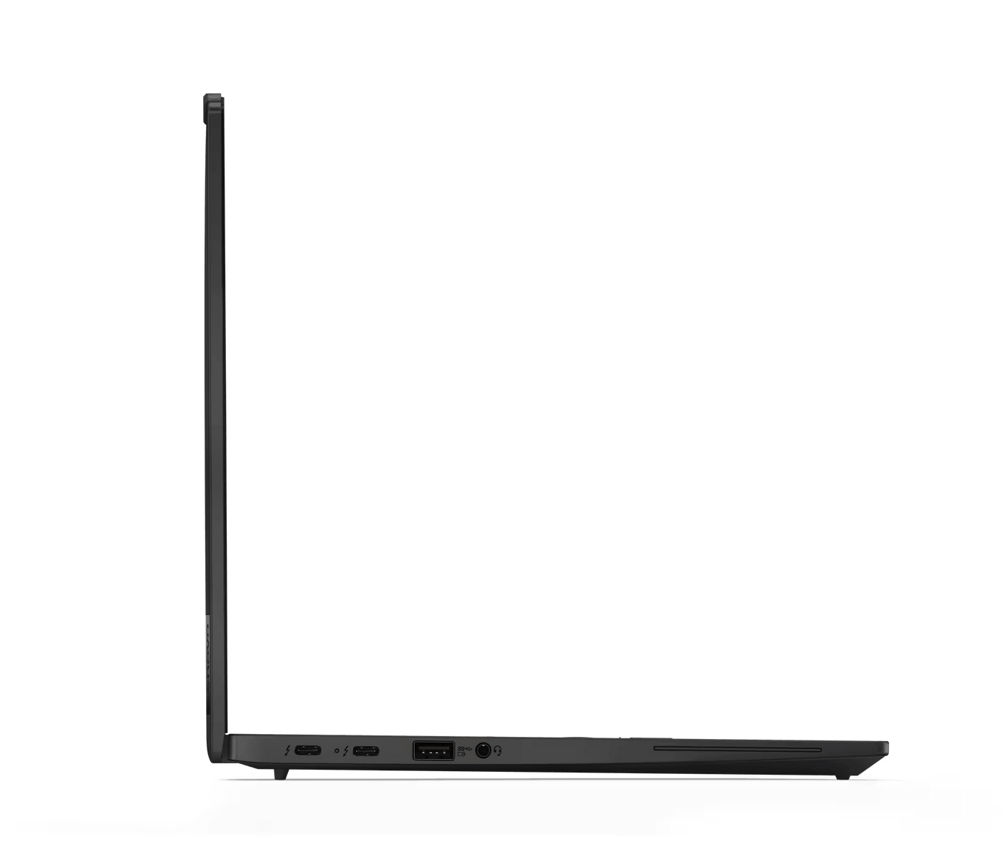Seitenansicht eines schwarzen Laptops. Zeigt Anschlüsse, einschließlich eines roten Streifens.
