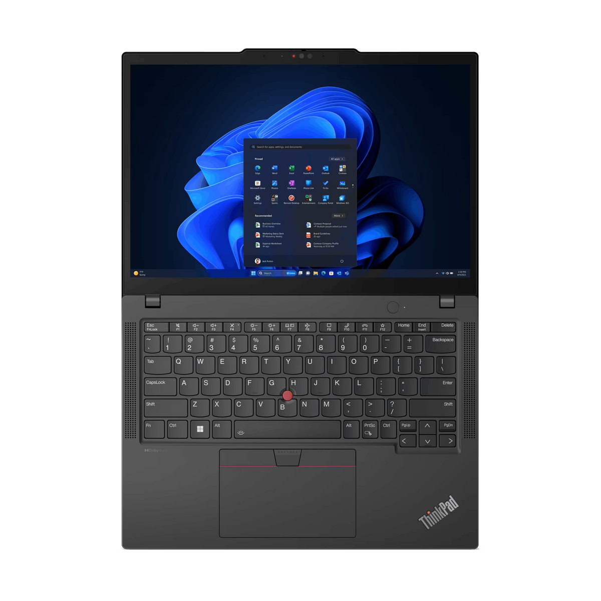 Ein schwarzes ThinkPad-Laptop geöffnet, Draufsicht. Der Bildschirm zeigt eine Windows-Oberfläche.