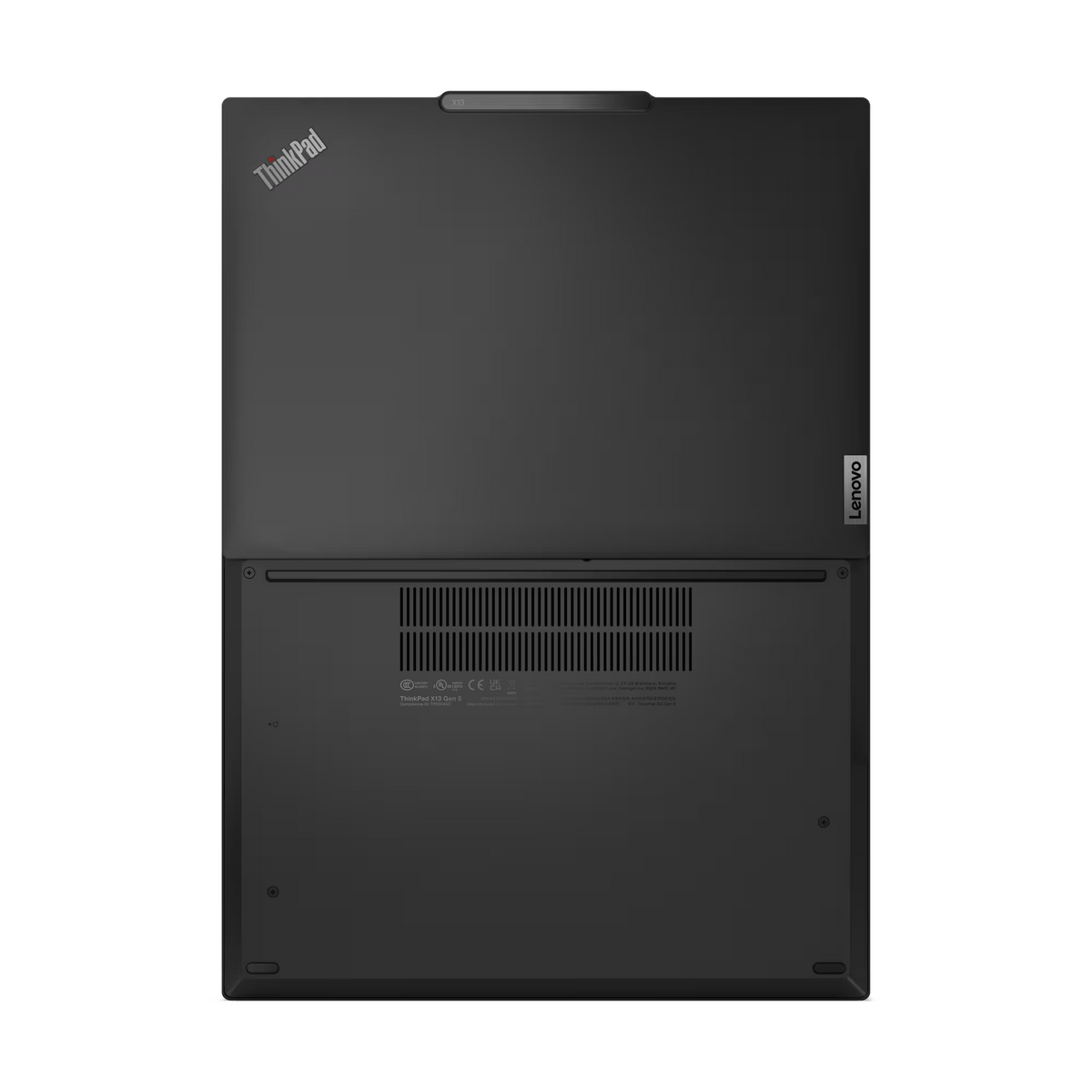 Schwarzes Lenovo ThinkPad Laptop, geschlossen, zeigt ThinkPad und Lenovo Logos.